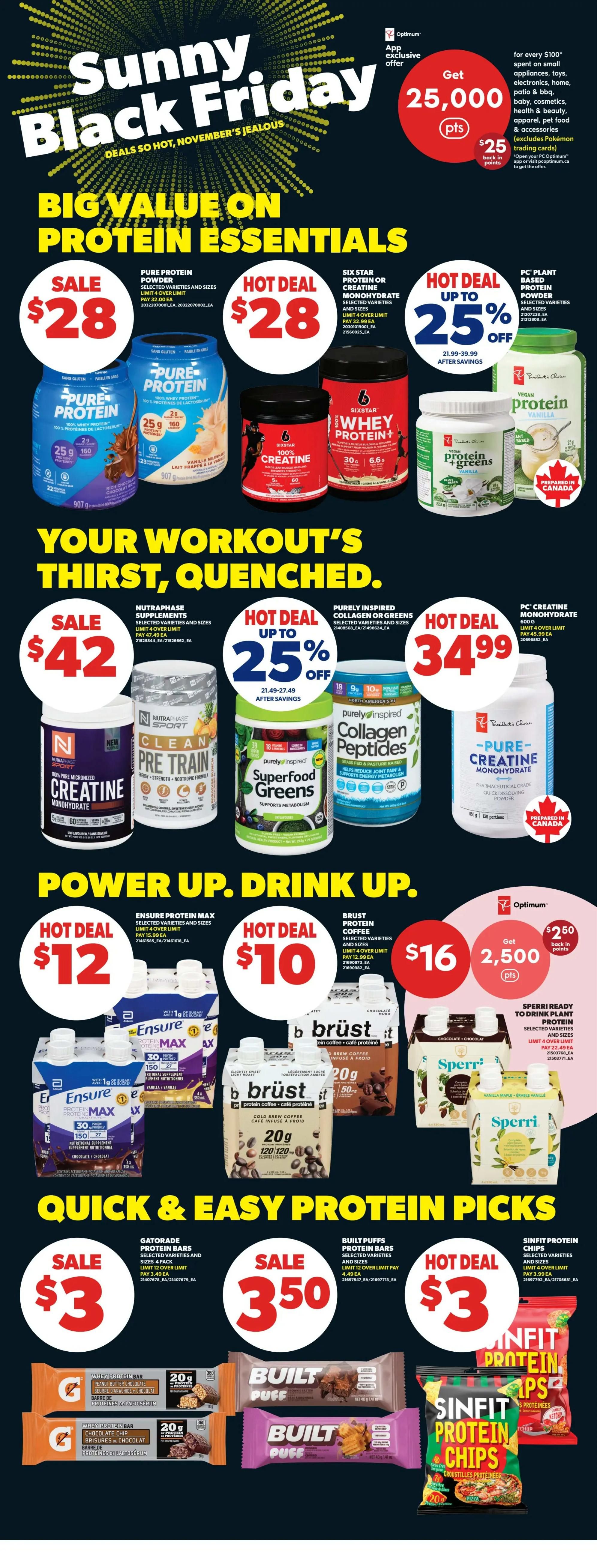 Real Canadian Superstore flyer page 31 featuring Sunny Black Friday deals on protein essentials. Big value on protein essentials includes Pure Protein Powder for $28, Six Star Whey Protein or Creatine Monohydrate for $28, and PC Plant Based Protein Powder with up to 25% off. Your workout's thirst, quenched: Nutraphase Supplements for $42, Purely Inspired Collagen Peptides or Superfood Greens with up to 25% off, and PC Creatine Monohydrate for $34.99. Power up, drink up: Ensure Protein Max for $12, Brust Protein Coffee for $10, and Sperri Ready to Drink Plant Protein with a special offer of 2,500 Optimum points ($2.50 back in points) when you buy 2. Quick & easy protein picks: Gatorade Protein Bars for $3, Built Puffs Protein Bars for $3.50, and Sinfit Protein Chips for $3.