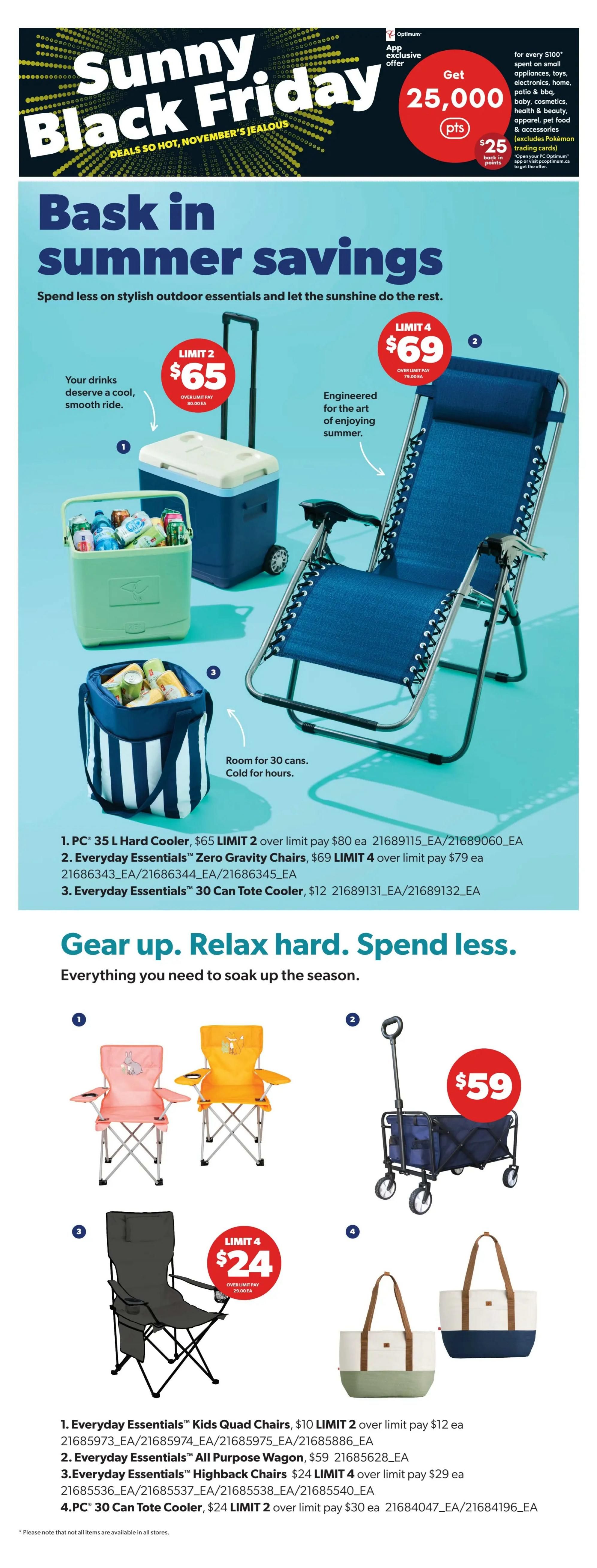 Real Canadian Superstore flyer page 36, featuring 'Sunny Black Friday' deals and 'Bask in summer savings'. Products include a PC 35 L Hard Cooler for $65 (limit 2, over limit pay $80 each), Everyday Essentials Zero Gravity Chairs for $69 (limit 4, over limit pay $79 each), and Everyday Essentials 30 Can Tote Cooler for $12. The 'Gear up. Relax hard. Spend less.' section offers Everyday Essentials Kids Quad Chairs for $10 (limit 2, over limit pay $12 each), an Everyday Essentials All Purpose Wagon for $59, Everyday Essentials Highback Chairs for $24 (limit 4, over limit pay $29 each), and a PC 30 Can Tote Cooler for $24 (limit 2, over limit pay $30 each). An app exclusive offer provides 25,000 Optimum points for every $100 spent on select items.