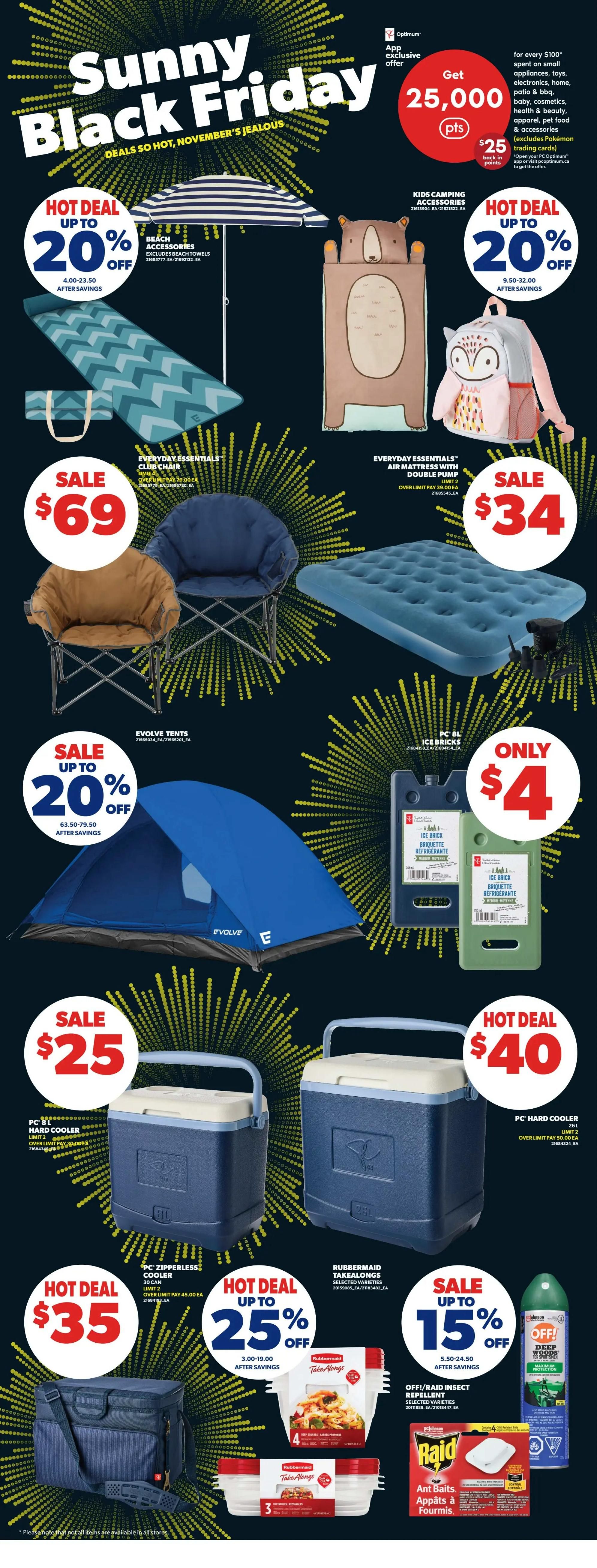 Real Canadian Superstore flyer page 37 featuring Sunny Black Friday deals. Hot deals include up to 20% off Beach Accessories, with prices ranging from $4.00-$23.50 after savings. Kids Camping Accessories are also up to 20% off, with prices from $9.50-$32.00 after savings. Everyday Essentials Club Chairs are on sale for $69. Everyday Essentials Air Mattress with Double Pump is on sale for $34. Evolve Tents are on sale up to 20% off. PC Blue Ice Bricks are only $4. PC Zipperless Coolers are hot deal priced at $35, limit 2 per customer. PC Hard Coolers are hot deal priced at $40, limit 2 per customer. Rubbermaid Takealongs are on sale up to 25% off. Off!/Raid Insect Repellent is on sale up to 15% off, with prices from $5.50-$24.50 after savings. Raid Ant Baits are also featured.