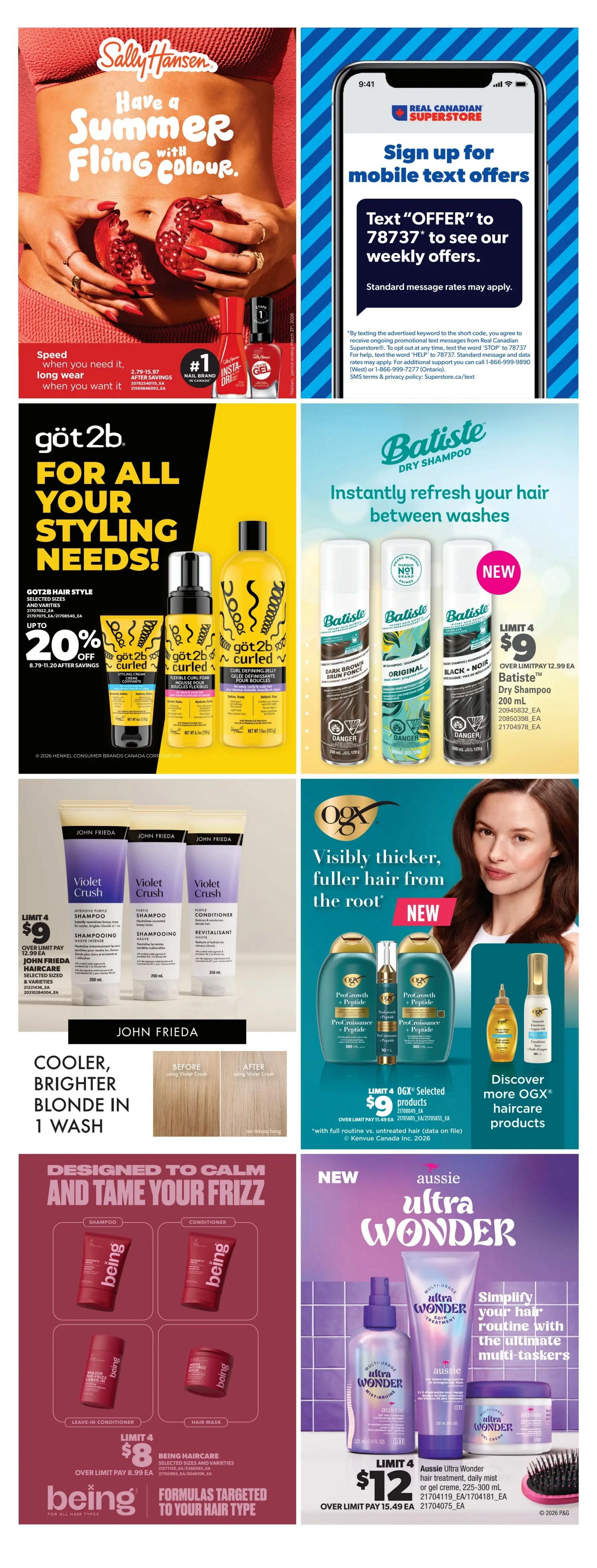 Real Canadian Superstore flyer page 46 features hair care products. Sally Hansen nail polish is advertised with a summer theme. Got2b hair styling products are on sale with up to 20% off, including styling cream, flexible curl foam, and curl defining jelly. Batiste Dry Shampoo is available in Original, Dark Brown, and Black Noir for $9, limit 4. John Frieda Violet Crush shampoo and conditioner are also $9, limit 4, designed for cooler, brighter blonde hair. OGX Pro-Growth + Peptide products are featured, with selected items for $9, limit 4. Being haircare products, including shampoo, conditioner, leave-in conditioner, and hair mask, are available for $8, limit 4. Aussie Ultra Wonder multi-usage hair mist, crème, and gel are $12, limit 4, designed to simplify hair routines. The page also includes a mobile text offer sign-up for Real Canadian Superstore.