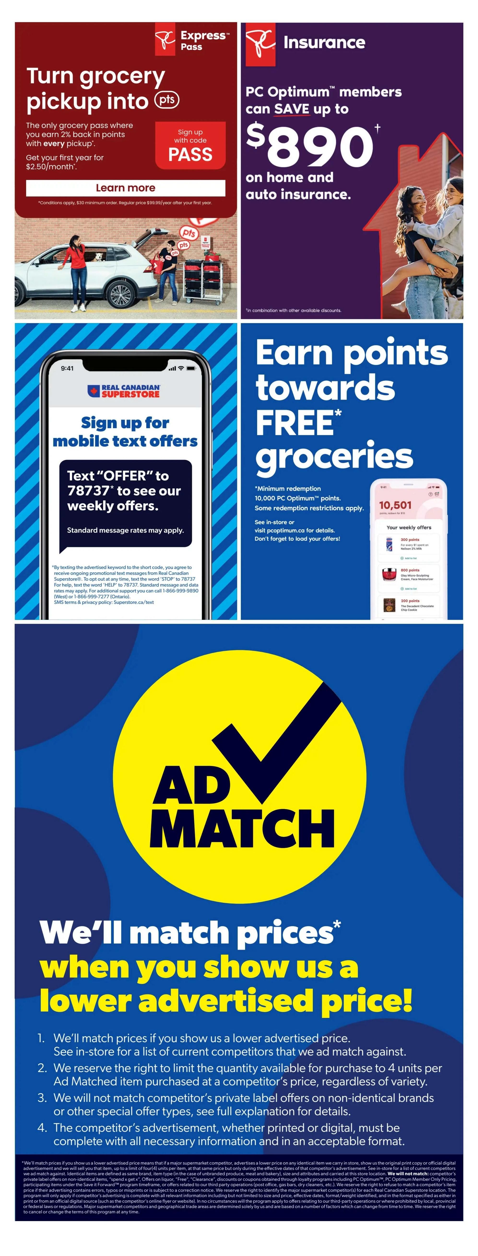 Real Canadian Superstore flyer page 47 featuring various offers. Top left: Turn grocery pickup into PC Optimum points with Express Pass, offering 2% back in points on every pickup and the first year for $2.50/month. Top right: PC Optimum members can save up to $890 on home and auto insurance. Middle left: Sign up for mobile text offers by texting 'OFFER' to 78737. Middle right: Earn points towards FREE groceries with PC Optimum, with minimum redemption of 10,000 points. Bottom section: Ad Match guarantee, promising to match lower advertised prices from competitors, with specific conditions listed regarding quantity limits and types of offers accepted.