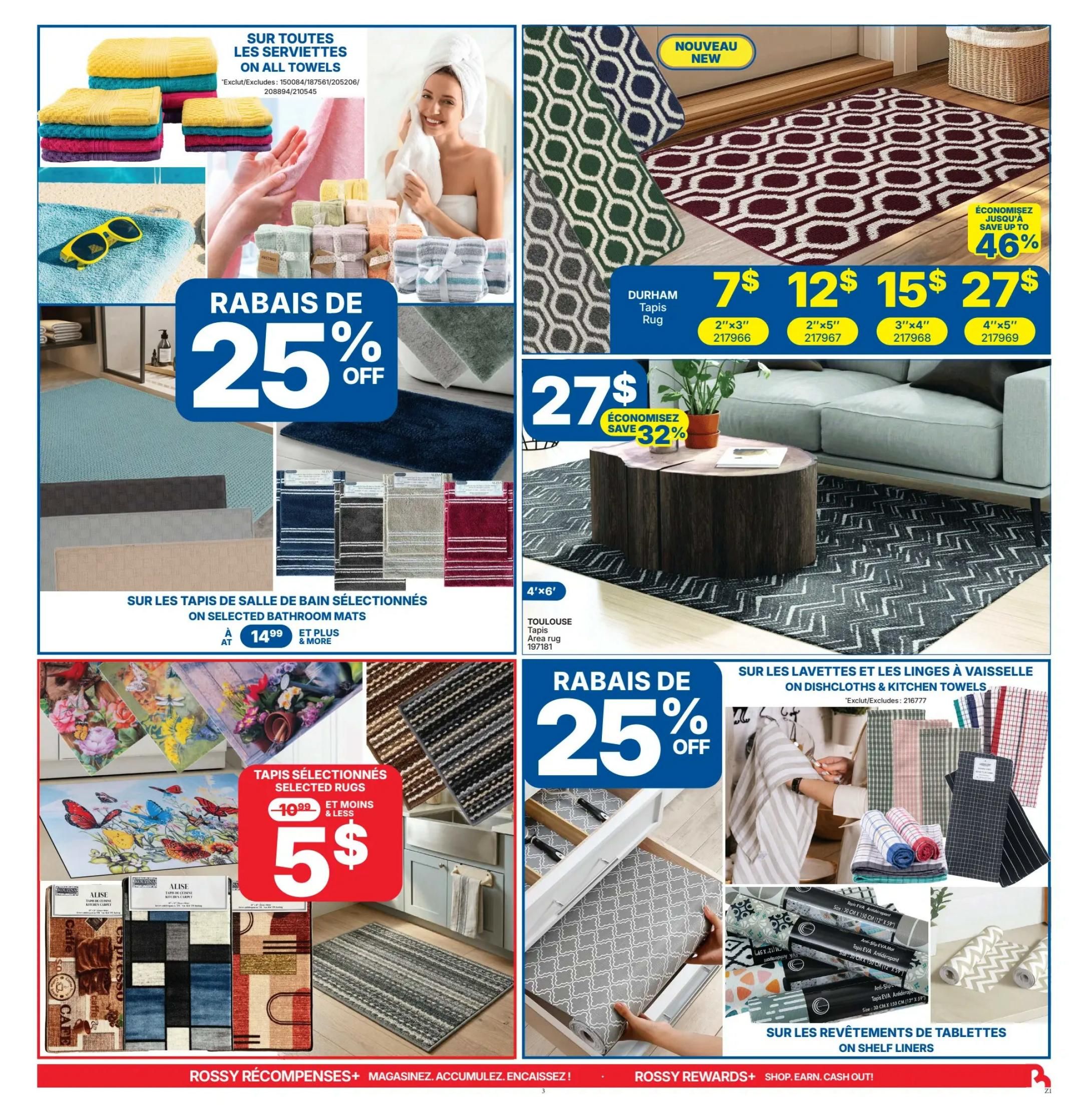 Rossy Weekly Flyer Specials Page 3: Features a 25% off sale on all towels, with stacks of colourful towels and a woman drying her face with a towel. Also on sale are selected bathroom mats starting at $14.99 and selected rugs starting at $5. The page highlights Durham Tapis rugs in various sizes and prices starting at $7, with savings up to 46%. A Toulouse area rug (4'x6') is priced at $27, with savings up to 32%. Additionally, there is a 25% off sale on dishcloths and kitchen towels, and a selection of shelf liners are also featured.