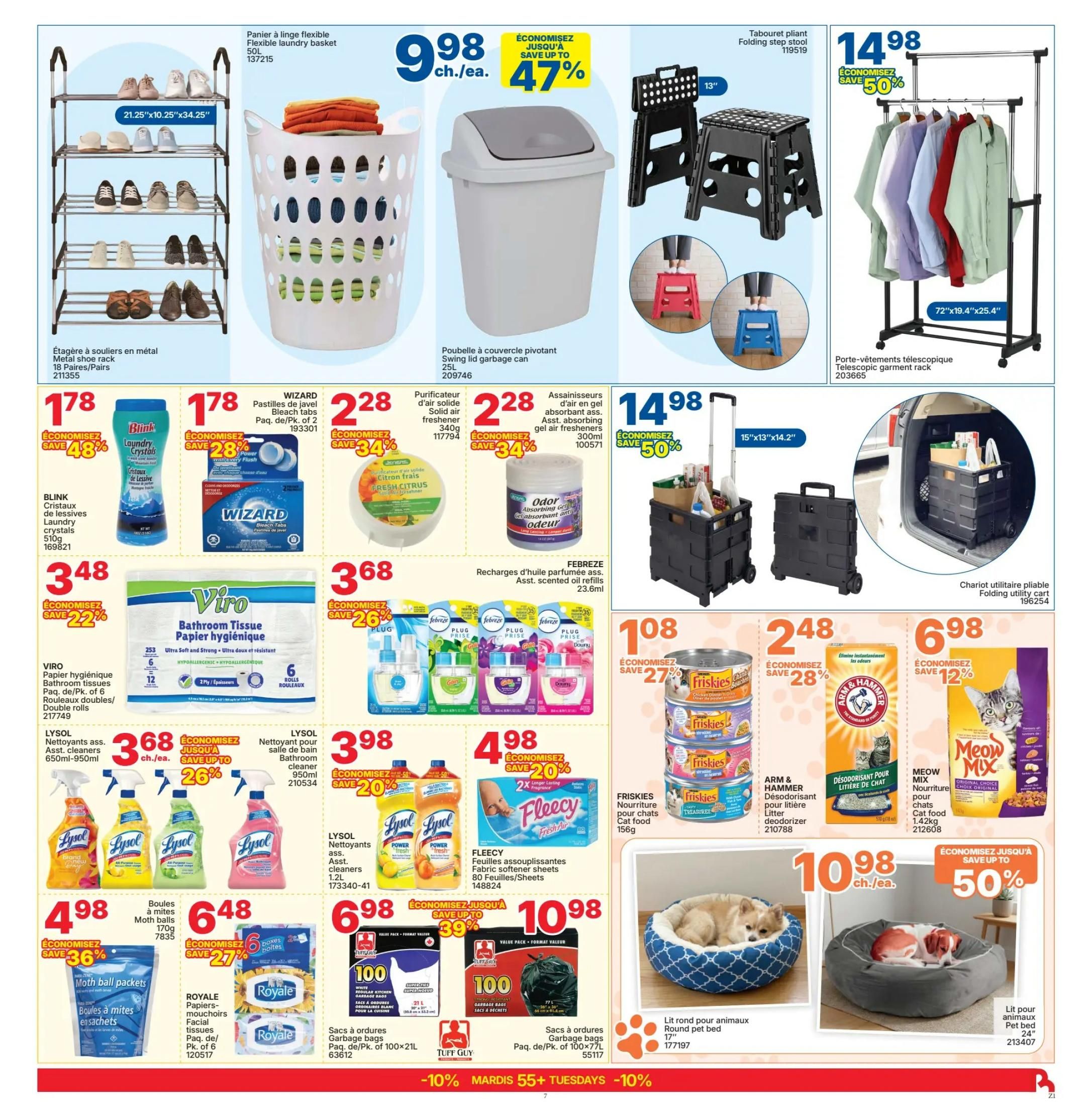 Rossy Weekly Flyer Specials Page 7 features a variety of household and pet items. On the top row, find a flexible laundry basket for $9.98, a swing lid garbage can for $9.98, a folding step stool for $14.98, and a telescopic garment rack for $14.98. Below these, a metal shoe rack holding 18 pairs is displayed. Featured cleaning and laundry supplies include BLINK Laundry Crystals 510g for $3.48, WIZARD Bleach Tabs (2 packs) for $2.28, and solid air fresheners for $2.28. Also available are Viro Bathroom Tissue (6 rolls) for $3.68, Lysol assorted cleaners (650ml-950ml) starting at $3.68 with up to 26% savings, and Lysol Bathroom cleaner for $3.98 with up to 20% savings. Other deals include Moth ball packets for $4.98 with 36% off, Royale Facial Tissues (6 packs) for $6.48 with 27% off, and garbage bags from Tuff Guy (100 ct) for $10.98 and unbranded (100 ct) for $10.98. Pet products include Friskies cat food cans for $1.08, Arm & Hammer cat litter deodorizer for $1.08, Meow Mix cat food 1.42kg for $6.98, a round pet bed 17' for $10.98, and a larger 24' pet bed for $10.98 with up to 50% savings. The bottom banner highlights '-10% MARDI 55+ TUESDAYS -10%'.