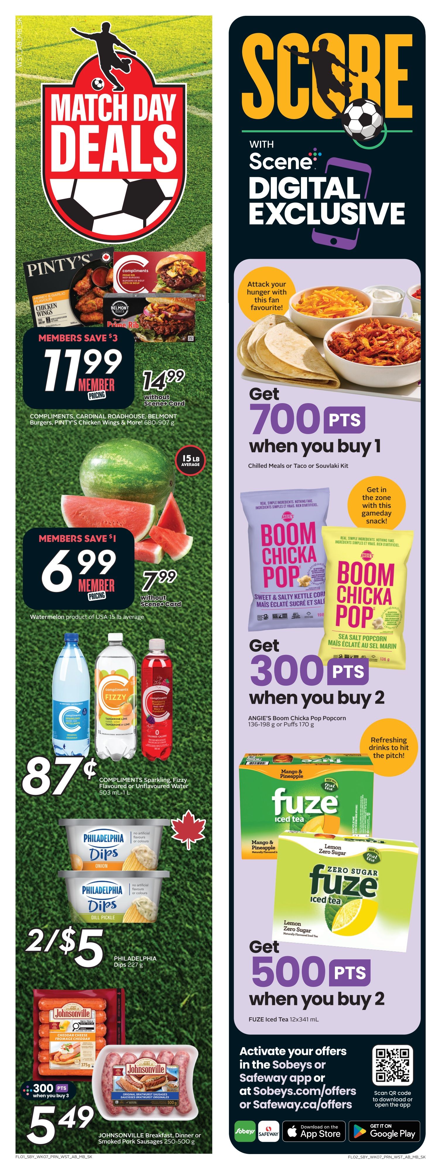 Safeway Alberta flyer page 2 features 'Match Day Deals' with Pinty's Chicken Wings and Compliments Burgers on sale for members at $11.99, regularly $14.99 without a Scene+ card. Also featured is watermelon for $6.99 for members, or $7.99 without a Scene+ card. Compliments Sparkling, Fizzy Flavoured or Unflavoured Water is 87 cents per litre. Philadelphia Dips are 2 for $5. Johnsonville Breakfast, Dinner or Smoked Pork Sausages are $5.49 with 300 bonus Scene+ points when you buy 3. On the right side, 'Score with Scene+ Digital Exclusive' offers 700 bonus Scene+ points when you buy 1 Chilled Meal or Souvlaki Kit. Angie's Boom Chicka Pop Popcorn is 300 bonus Scene+ points when you buy 2. Fuze Iced Tea is 500 bonus Scene+ points when you buy 2. Activate offers in the Sobeys or Safeway app or online.