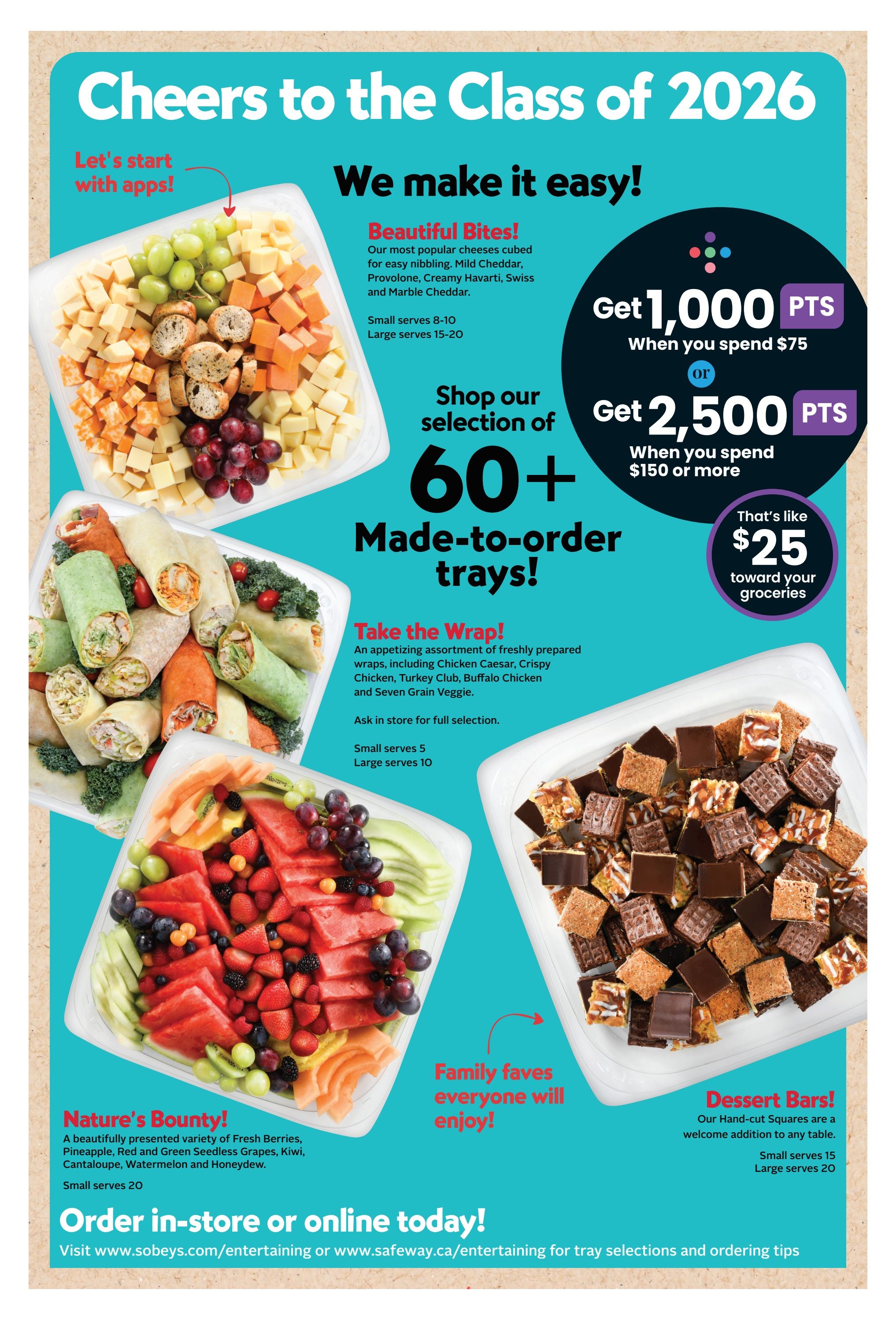 Safeway flyer page featuring made-to-order party trays. Highlights include 'Beautiful Bites' cheese tray with cheddar, havarti, swiss, and marble cheeses, served with grapes and crackers; 'Take the Wrap!' assortment with chicken caesar, crispy chicken, turkey club, buffalo chicken, and seven grain veggie wraps; 'Nature's Bounty!' fruit tray with fresh berries, pineapple, red and green grapes, kiwi, cantaloupe, watermelon, and honeydew; and 'Dessert Bars' with hand-cut squares. Offers include 1,000 bonus points when you spend $75, or 2,500 bonus points when you spend $150 or more, which is equivalent to $25 toward groceries. Order in-store or online at sobeys.com/entertaining or safeway.ca/entertaining for tray selections and ordering tips.