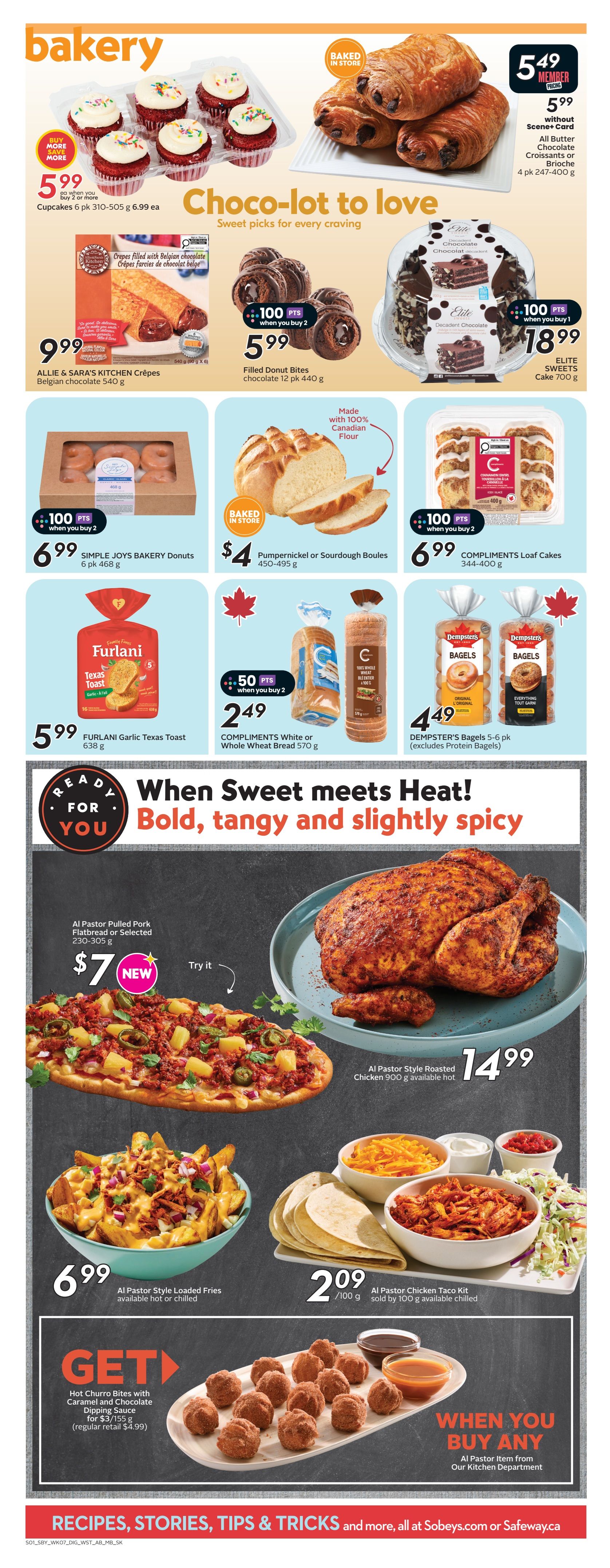 Safeway bakery specials page featuring a variety of sweet and savoury baked goods. Highlights include 6 pk Cupcakes for $5.99, Allie & Sara's Kitchen Crêpes for $9.99, and Filled Donut Bites for $5.99 with 100 bonus points when you buy 2. Also featured are Simple Joys Bakery Donuts for $6.99, Pumpernickel or Sourdough Boules for $4, Compliments Loaf Cakes for $6.99 with 100 bonus points when you buy 2, Furlani Garlic Texas Toast for $5.99, Compliments White or Whole Wheat Bread for $2.49 with 50 bonus points when you buy 2, and Dempster's Bagels for $4.49. The page also showcases 'When Sweet meets Heat!' with Al Pastor Pulled Pork Flatbread or Selected for $7 (new item), Al Pastor Style Loaded Fries for $6.99, and Al Pastor Chicken Taco Kit for $2.09/100g. A whole Al Pastor Style Roasted Chicken is available for $14.99. Additionally, Hot Churro Bites with Caramel and Chocolate Dipping Sauce are on special for $3 (regular retail $4.99).