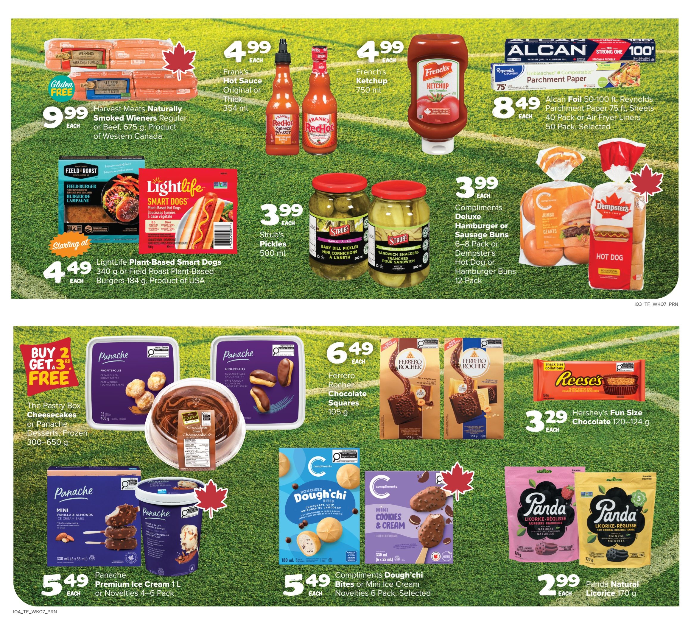 Thrifty Foods weekly flyer specials page 3 features Harvest Meats Naturally Smoked Wieners for $9.99 each. Frank's Hot Sauce Original or Thick is $4.99 each, and French's Ketchup 750 ml is also $4.99 each. Strub's Pickles 500 ml are $3.99 each. LightLife Plant-Based Smart Dogs and Field Roast Plant-Based Burgers are starting at $4.49 each. Compliments Deluxe Hamburger or Sausage Buns (6-8 pack) or Dempster's Hot Dog or Hamburger Buns (12 pack) are $3.99 each. Alcan Foil 50-100 ft, Reynolds Parchment Paper 75 ft, Sheets 40 Pack or Air Fryer Liners 50 Pack are $8.49 each. Buy 2 Get 3 Free on The Pastry Box Cheesecakes or Panache Desserts, Frozen 300-650 g. Panache Premium Ice Cream 1 L or Novelties 4-6 Pack are $5.49 each. Ferrero Rocher Chocolate Squares 105 g are $6.49 each. Hershey's Fun Size Chocolate 120-124 g are $3.29 each. Compliments Dough'chi Bites or Mini Ice Cream Novelties 6 Pack are $5.49 each. Panda Natural Licorice 170 g is $2.99 each.
