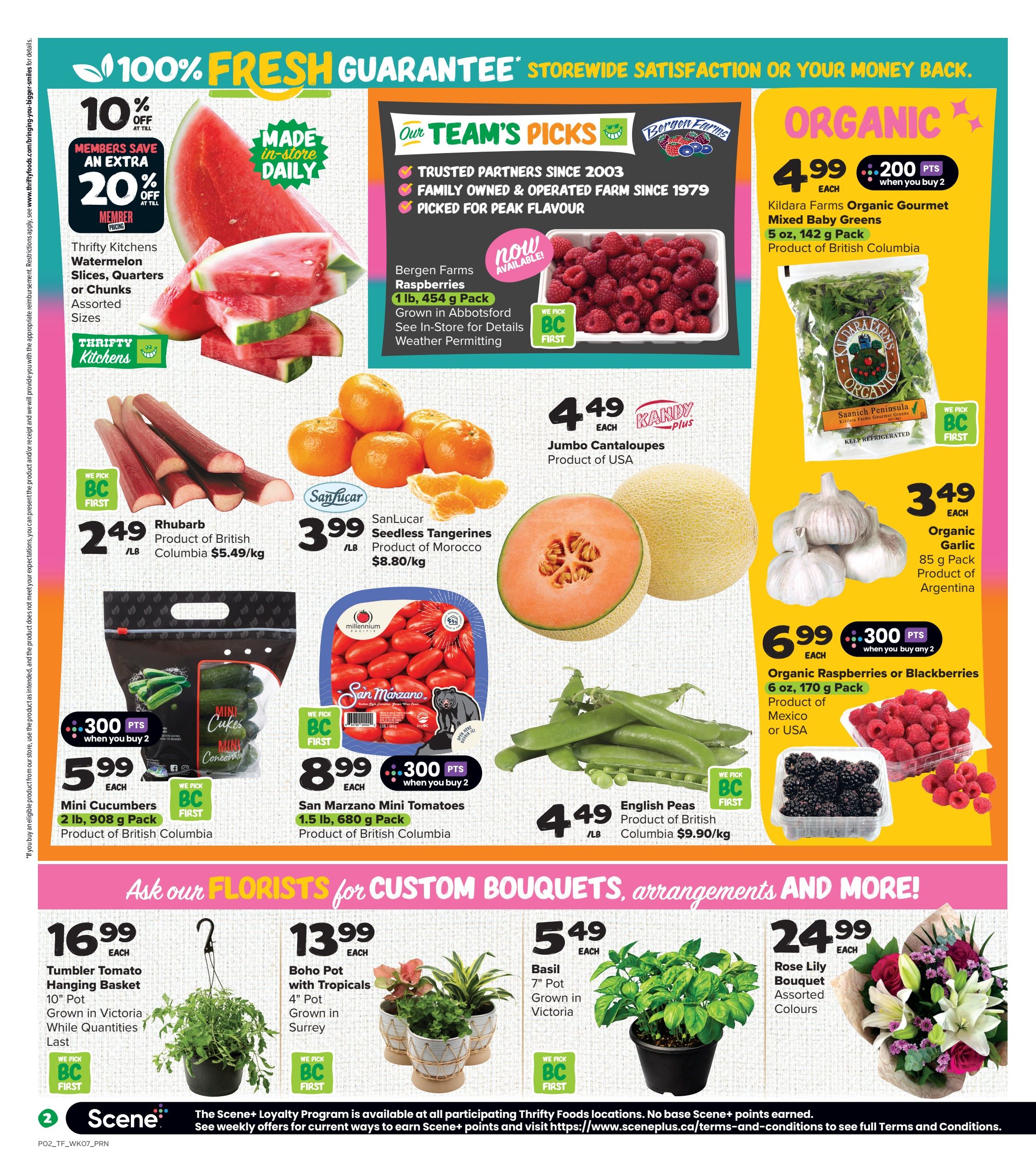 Thrifty Foods weekly flyer specials page 5. Featuring Thrifty Kitchens Watermelon Slices, Quarters or Chunks Assorted Sizes with 10% off and members save an extra 20% off. Bergen Farms Raspberries 1 lb, 454 g pack for $4.49 each. Organic Kildara Farms Gourmet Mixed Baby Greens 5 oz, 142 g pack for $4.99 each, get 200 points when you buy 2. Organic Garlic 85 g pack for $3.49 each. Rhubarb Product of British Columbia for $2.49/lb. SanLucar Seedless Tangerines Product of Morocco for $3.99/lb. Jumbo Cantaloupes Product of USA for $4.49 each. Organic Raspberries or Blackberries 6 oz, 170 g pack for $6.99 each, get 300 points when you buy 2. Mini Cucumbers 2 lb, 908 g pack for $5.99 each. San Marzano Mini Tomatoes 1.5 lb, 680 g pack for $8.99 each, get 300 points when you buy 2. English Peas Product of British Columbia for $4.49/lb. Also featuring Ask our Florists for custom bouquets, arrangements and more! Tumbler Tomato Hanging Basket 10' Pot Grown in Victoria for $16.99 each. Boho Pot with Tropicals 4' Pot Grown in Surrey for $13.99 each. Basil 7' Pot Grown in Victoria for $5.49 each. Rose Lily Bouquet Assorted Colours for $24.99 each.
