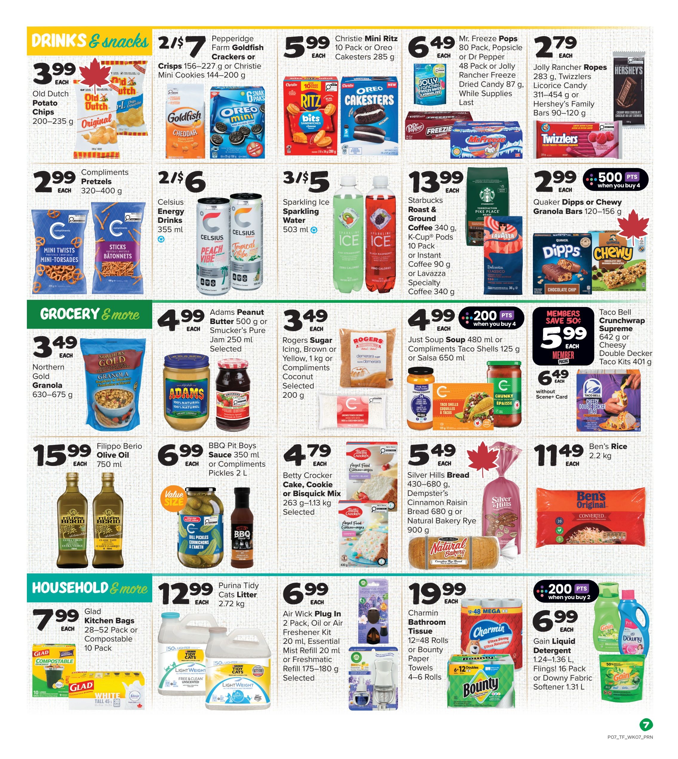 Thrifty Foods weekly flyer specials page 10. Featured are Old Dutch Potato Chips for $3.99, Compliments Pretzels for $2.99, Pepperidge Farm Goldfish Crackers or Christie Mini Cookies for 2/$7, Christie Mini Ritz or Oreo Cakesters for $5.99, Mr. Freeze Pops or Jolly Rancher Candy for $6.49, and Twizzlers or Hershey's Family Bars for $2.79. In drinks, Celsius Energy Drinks are 2/$6, Sparkling Ice Sparkling Water is 3/$5, Starbucks Roast & Ground Coffee or Lavazza Specialty Coffee is $13.99, and Quaker Dipps or Chewy Granola Bars are $2.99 with 200 bonus points when you buy 4. Grocery items include Northern Gold Granola for $3.49, Adams Peanut Butter or Smucker's Pure Jam for $4.99, Rogers Sugar Icing or Compliments Coconut for $3.49, Just Soup or Compliments Taco Shells or Salsa for $4.99, Taco Bell Crunchwrap Supreme or Double Decker Taco Kits for $5.99, Filippo Berio Olive Oil for $15.99, BBQ Pit Boys Sauce or Compliments Pickles for $6.99, Betty Crocker Cake, Cookie or Bisquick Mix for $4.79, Silver Hills Bread, Dempster's Bread or Natural Bakery Rye for $5.49, and Ben's Rice for $11.49. Household items include Glad Kitchen Bags for $7.99, Purina Tidy Cats Litter for $12.99, Air Wick Plug In or Oil or Freshener Kit for $6.99, Charmin Bathroom Tissue or Bounty Paper Towels for $19.99, and Gain Liquid Detergent or Fling's or Downy Fabric Softener for $6.99.