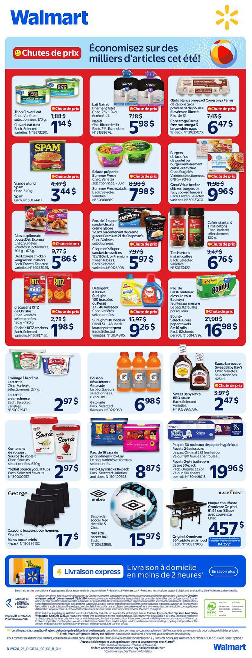 Walmart Canada weekly flyer specials page 2. Featured items include Clover Leaf tuna for $1.88, Natrel fine-filtered milk for $5.98, and Conestoga Farms large white eggs for $6.47. Also on sale are Spam for $3.44, Summer Fresh salads for $7.98, and Deli Express chicken wings or drumsticks for $5.86. Chapman's Super sandwich novelties are $5.97. Ritz Christie crackers are $1.98. Sunlight or Persil laundry detergent is $9.26. Lactantia cream cheese is $2.97. Gatorade is $6.98. Sweet Baby Ray's BBQ sauce is $2.47. Yoplait yogurt tubs are $2.97. Frito-Lay snacks 16-pack is $8.87. Neo size 5 soccer ball is $15.97. Men's boxer briefs 4-pack is $17. The page also highlights 'Express Delivery' in 2 hours. Additional offers include Original Omnivore 36' griddle with hood for $457 and Royale 2-ply bathroom tissue 30-pack for $19.96.