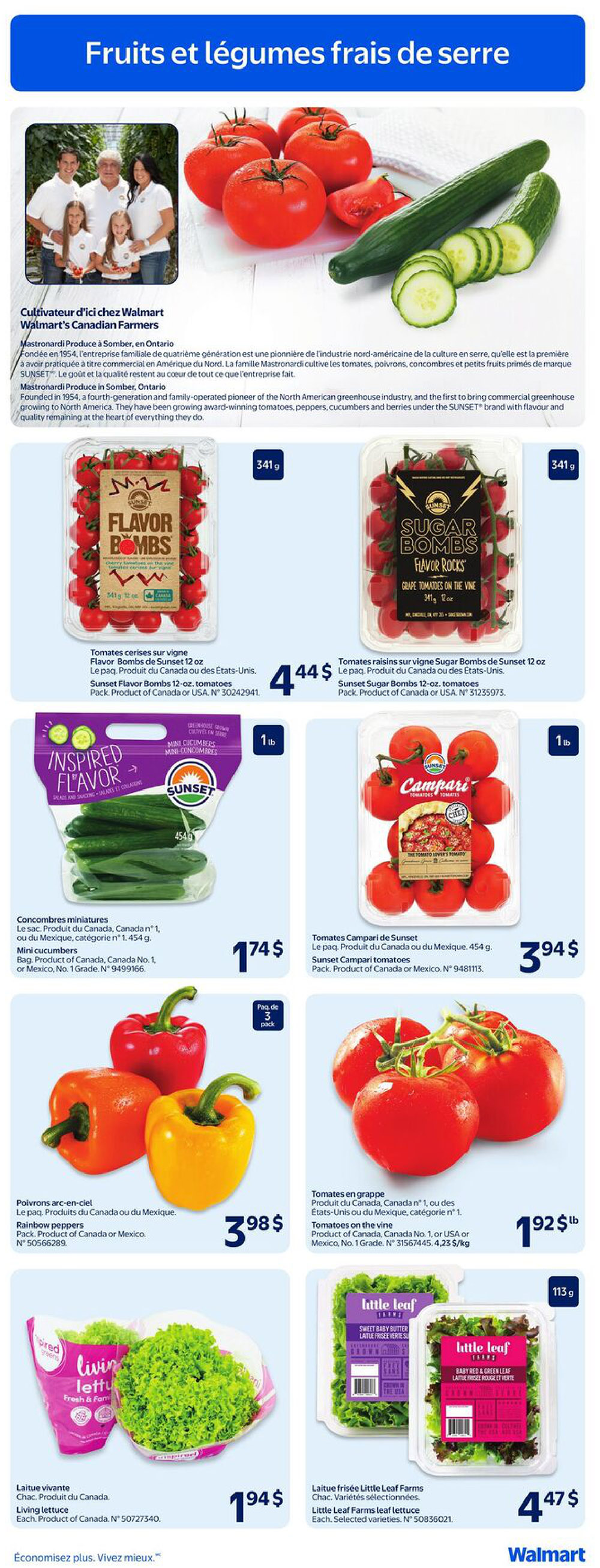 Walmart Canada flyer page 4 features a selection of fresh greenhouse fruits and vegetables. Highlighted are Mastrionardi Produce from Leamington, Ontario, a family-owned pioneer in North American greenhouse farming. Featured products include Sunset Flavor Bombs tomatoes at $4.44 for a 12 oz pack, and Sunset Sugar Bombs grape tomatoes on the vine, also 12 oz, for $4.44. Mini cucumbers are available for $1.74 per bag (454 g), and a 3-pack of Sunset Campari tomatoes sells for $3.94. Rainbow peppers are priced at $3.98 for the pack. Tomatoes on the vine are $1.92 per lb. Also featured are Living lettuce for $1.94 each, and Little Leaf Farms baby butter and baby red & green leaf lettuce for $4.47 each (113 g).