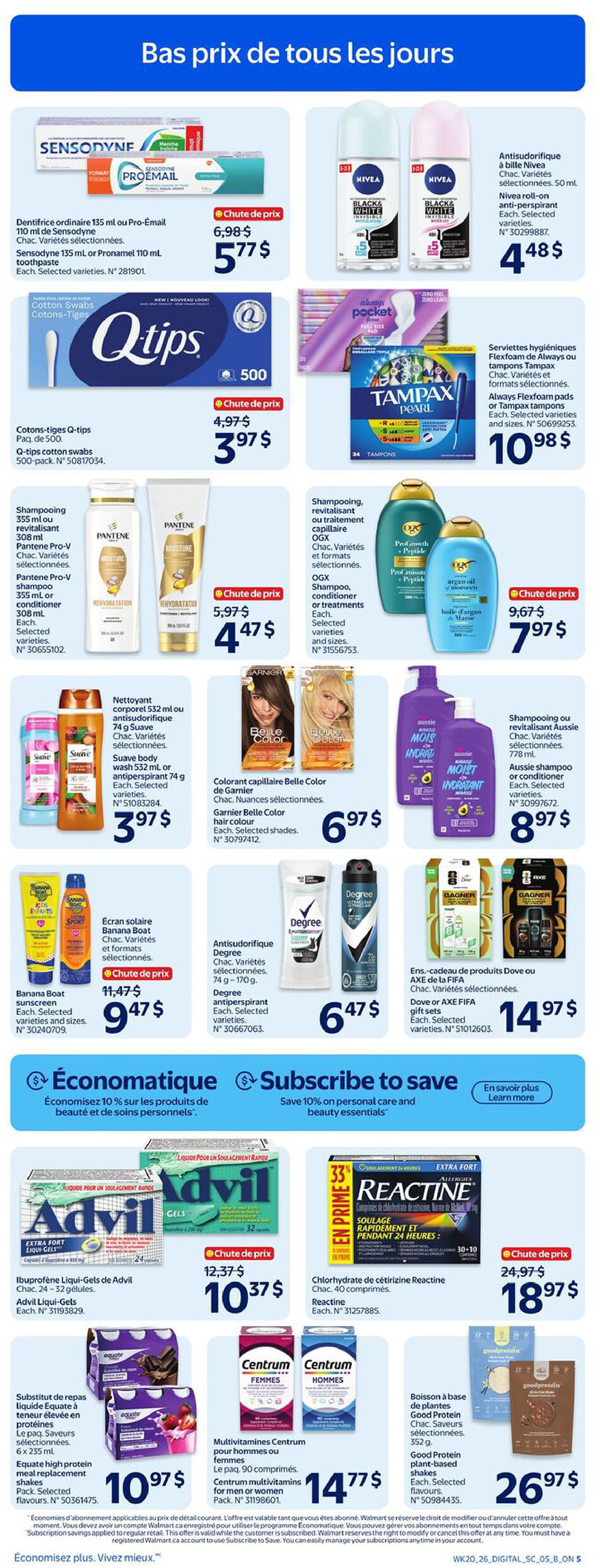 Walmart Canada weekly flyer specials, Page 8. Featured products include Sensodyne toothpaste for $5.77, Nivea roll-on antiperspirant for $4.48, and Q-tips cotton swabs 500-pack for $3.97. Also on sale are Always Flexfoam pads or Tampax tampons for $10.98, Pantene Pro-V shampoo or conditioner for $4.47, and OGX shampoo, conditioner, or treatments for $7.97. Garnier Belle Color hair colour is $6.97, and Banana Boat sunscreen is $9.47. Degree antiperspirant is $6.47, and Dove or AXE FIFA gift sets are $14.97. Advil Liqui-Gels are on special for $10.37, and Reactine chlorhydrate de cétirizine tablets are $18.97. Equate high protein meal replacement shakes are $10.97, and Centrum multivitamins for men or women are $14.77. Good Protein plant-based shakes are $26.97. The page also highlights 'Économatique' and 'Subscribe to save' offers, providing 10% off personal care and beauty essentials.