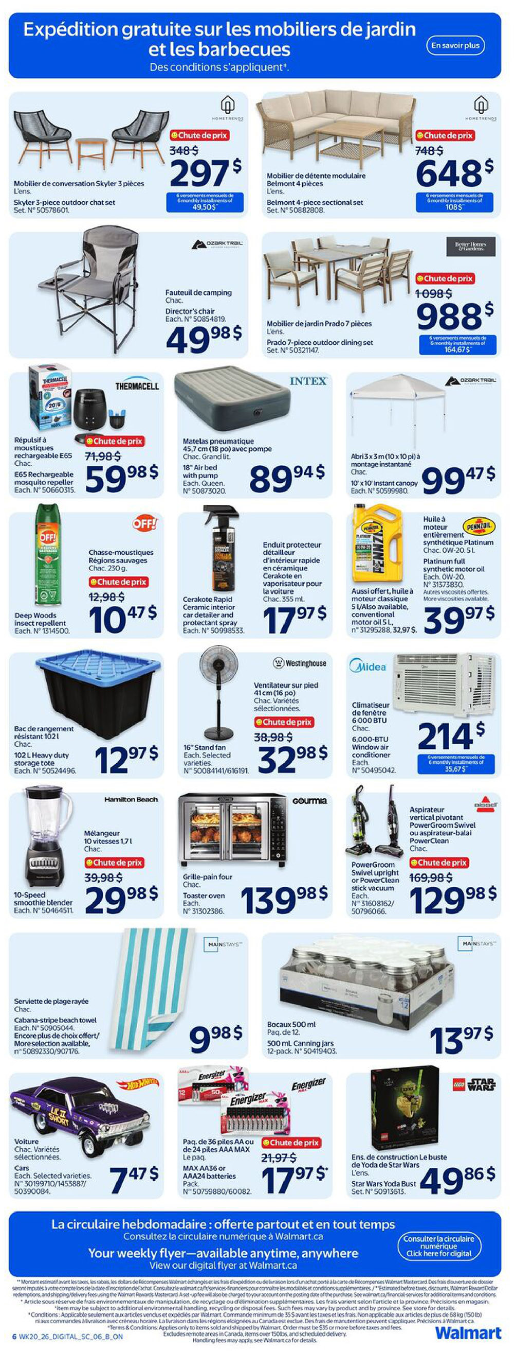 Walmart Canada weekly flyer, page 9, featuring outdoor furniture and home goods. Includes a Skyler 3-piece outdoor chat set for $297, a Belmont 4-piece sectional set for $648, and a Prado 7-piece outdoor dining set for $988. Also available are a Director's chair for $49.98, an E65 rechargeable mosquito repeller for $59.98, and an Intex 18' air bed with pump for $89.94. Other items include Deep Woods insect repellent for $10.47, Cerakote ceramic interior protectant spray for $17.97, Pennzoil Platinum full synthetic motor oil for $39.97, and a 10'x10' instant canopy for $99.47. Home goods include a 102L heavy duty storage tote for $12.97, a 16' stand fan for $32.98, a 6,000 BTU window air conditioner for $214, a 10-speed smoothie blender for $29.98, a Gourmia toaster oven for $139.98, and a PowerGroom Swivel upright or PowerClean stick vacuum for $129.98. Also featured are a beach towel for $9.98, 500ml canning jars (12-pack) for $13.97, Hot Wheels cars starting at $7.47, AA/AAA batteries for $17.97, and a Star Wars Yoda bust for $49.86.