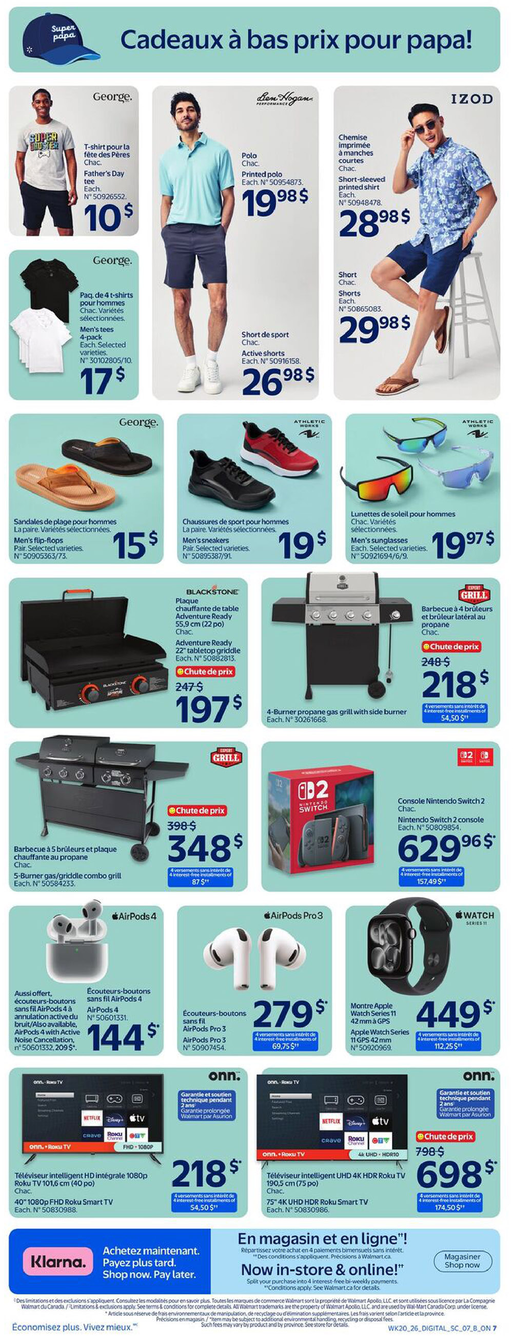 Walmart Canada weekly flyer specials page 10, featuring Father's Day gift ideas. Includes George. brand Father's Day graphic t-shirts for $10, and 4-pack men's t-shirts for $17. Also available are George. men's flip-flops for $15, and Athletic Works men's sneakers for $19. Den Hogan printed polo shirts are $19.98, and IZOD short-sleeved printed shirts are $28.98. IZOD active shorts are $26.98. Blackstone Adventure Ready 22' tabletop griddle is $197, down from $247. Expert Grill 4-burner propane gas grill with side burner is $218. Expert Grill 5-burner gas/griddle combo grill is $348, down from $398. Nintendo Switch 2 console is $629.96. AirPods 4 wireless earbuds are $144. AirPods Pro 3 wireless earbuds are $279. Apple Watch Series 11 GPS 42 mm is $449. Onn. Roku TV 40' 1080p FHD Smart TV is $218. Onn. Roku TV 75' 4K UHD HDR Roku Smart TV is $698, down from $798. Payment options available through Klarna and in-store financing.