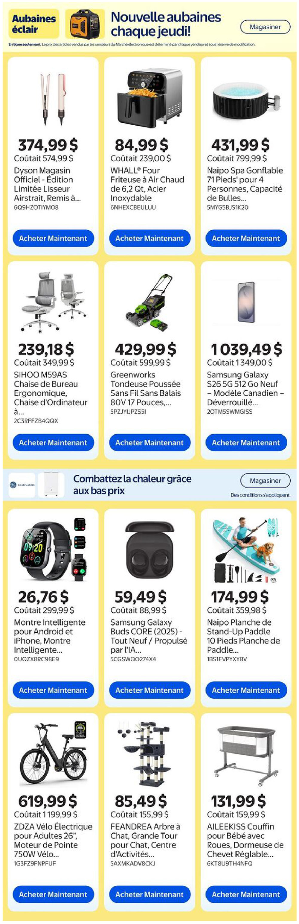 Walmart Canada weekly flyer specials page 11 featuring flash sale items. Deals include a Dyson hair straightener for $374.99 (originally $574.99), a WHALL air fryer for $84.99 (originally $239.00), and a Naipo inflatable spa for $431.99 (originally $799.99). Also featured are a SIHOO ergonomic office chair for $239.18 (originally $349.99), a Greenworks cordless push lawnmower for $429.99 (originally $599.99), and a Samsung Galaxy S26 5G 512GB unlocked phone for $1,039.49 (originally $1,349.00). Additional deals include a smartwatch for Android and iPhone for $26.76 (originally $299.99), Samsung Galaxy Buds CORE (2025) for $59.49 (originally $88.99), and a Naipo stand-up paddleboard package for $174.99 (originally $359.98). Other items on sale are a ZDZA electric bike for $619.99 (originally $1,199.99), a FEANDREA cat tree for $85.49 (originally $155.99), and an AILEEKISS baby crib with wheels for $131.99 (originally $159.99).