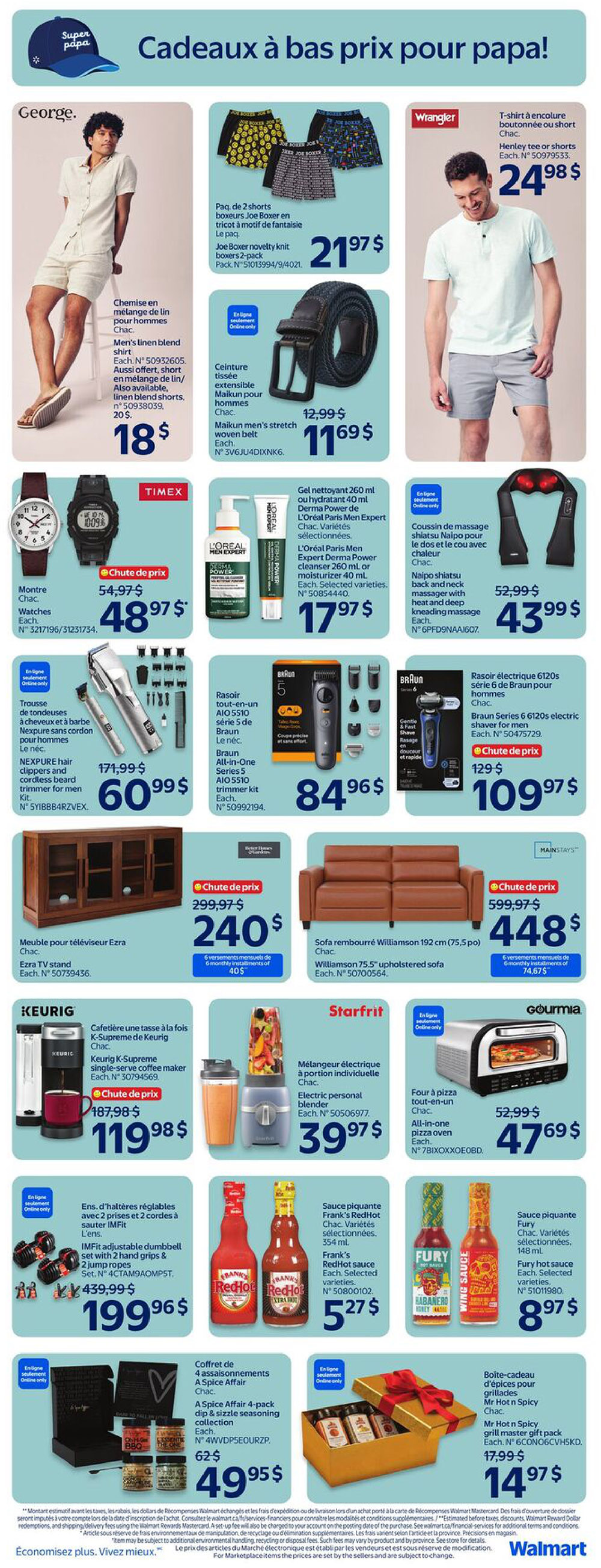 Walmart Canada flyer page 12 featuring Father's Day gift ideas. Includes George men's linen blend shirt and shorts for $18, Joe Boxer novelty knit boxers 2-pack for $21.97, and Wrangler Henley tee or shorts for $24.98. Also available are a men's stretch woven belt for $11.69, Timex watches for $48.97, L'Oréal Paris Men Expert Derma Power cleanser or moisturizer for $17.97, and a NEXPURE hair clippers and cordless beard trimmer for men for $60.99. Grooming items include Braun All-in-One Series 5 trimmer kit for $84.96 and Braun Series 6 6120s electric shaver for men for $109.97. Home goods include the Ezra TV stand for $240 and a Williamson 75.5' upholstered sofa for $448. Small appliances featured are a Keurig K-Supreme single-serve coffee maker for $119.98, a Starfrit electric personal blender for $39.97, and a Gourmia all-in-one pizza oven for $47.69. Fitness items include IMFit adjustable dumbbell set with 2 hand grips and 2 jump ropes for $199.96. Food items include Frank's RedHot sauce for $5.27, Fury hot sauce for $8.97, A Spice Affair 4-pack dip & sizzle seasoning collection for $49.95, and Mr. Hot n Spicy grill master gift pack for $14.97.