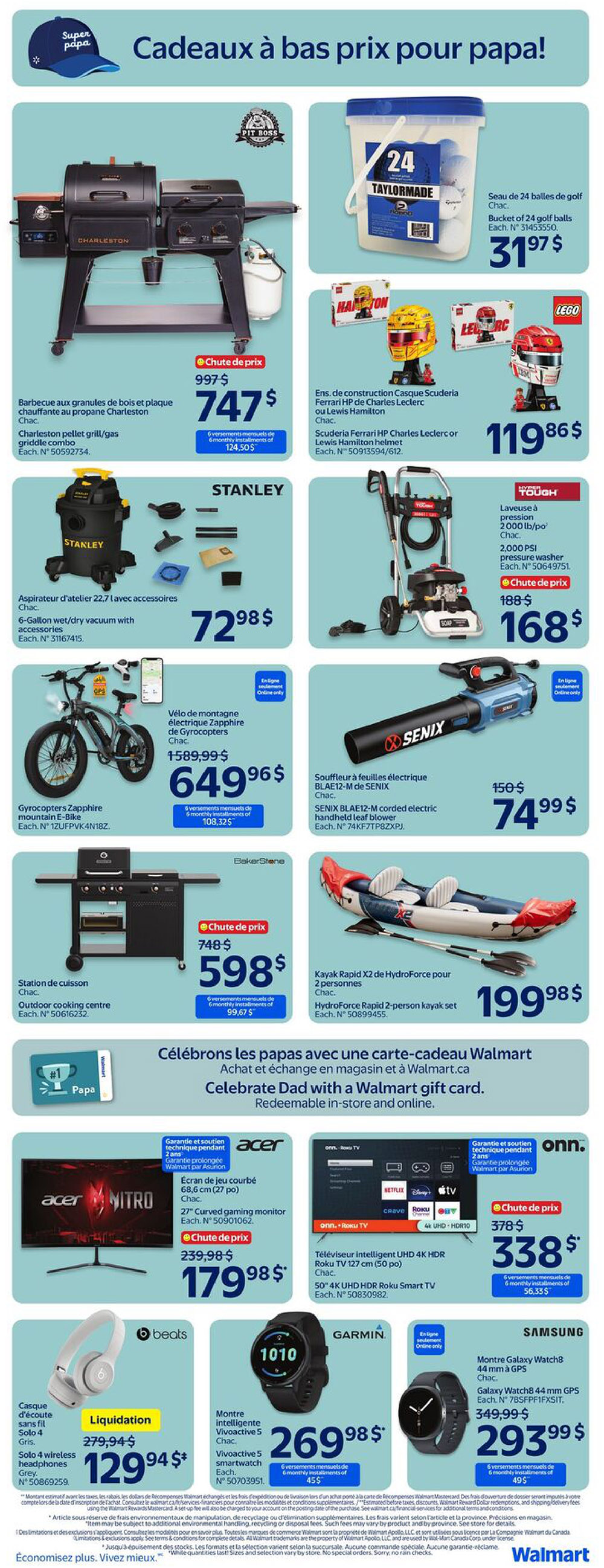Walmart Canada flyer page 13, featuring 'Gifts for Dad' specials. Includes a Charleston pellet grill/gas griddle combo for $747, a bucket of 24 Taylormade golf balls for $31.97, and Scuderia Ferrari HP Charles Leclerc or Lewis Hamilton helmets for $119.86. Also available is a Stanley 6-gallon wet/dry vacuum with accessories for $72.98, a Hyper Tough 2,000 PSI pressure washer on sale for $168, and a Senix electric leaf blower for $74.99. A BakerStone outdoor cooking centre is priced at $598, and a HydroForce 2-person kayak set is $199.98. Electronics include an Acer Nitro 27' curved gaming monitor for $179.98 and an Onn. Roku TV 50' 4K UHD HDR Smart TV for $338. Also featured are Beats Solo 4 wireless headphones on liquidation for $129.94, a Garmin Vivoactive 5 smartwatch for $269.98, and a Samsung Galaxy Watch 8 for $293.99. The page also promotes Walmart gift cards for Father's Day.