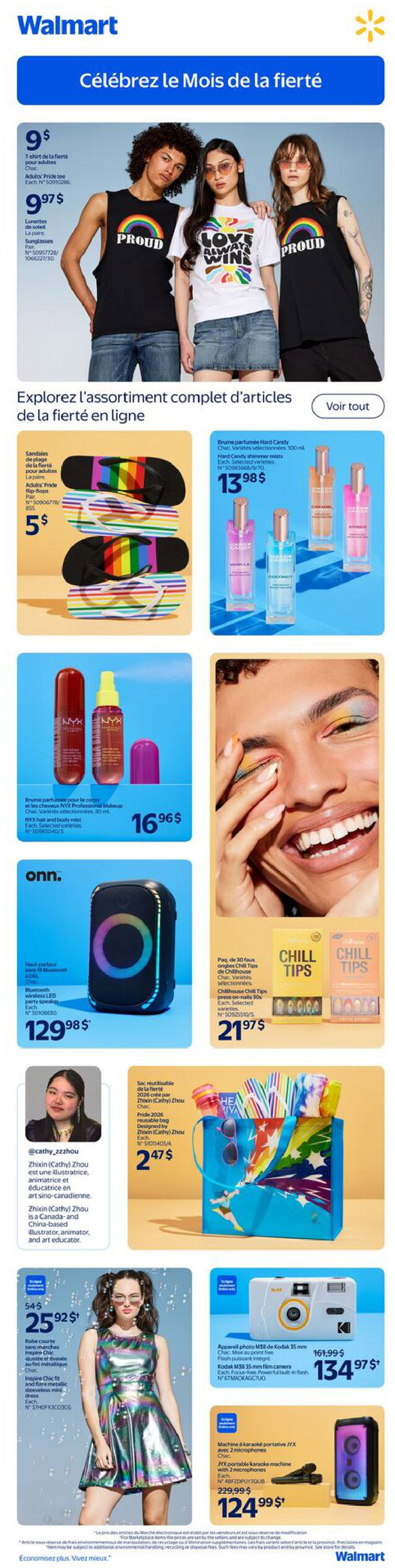 Walmart Canada flyer page celebrating Pride Month. Featured items include adult Pride t-shirts for $9.97, and sunglasses for $9.97. Explore more Pride collection items online. Also available are Adults' Pride flip-flops for $5, Hard Candy shimmer mists for $13.98, and NYX Professional Makeup setting sprays and body mists for $16.96. Onn. Bluetooth wireless LED party speaker is $129.98. Chillhouse Pride 2026 reusable bag designed by Zhixin (Cathy) Zhou is $2.47. Chillhouse Chill Tips press-on nails are $21.97. A metallic sleeveless mini dress is $25.92. Kodak M38 35mm film camera with focus-free flash is $134.97. JYX portable karaoke machine with 2 microphones is $124.99.