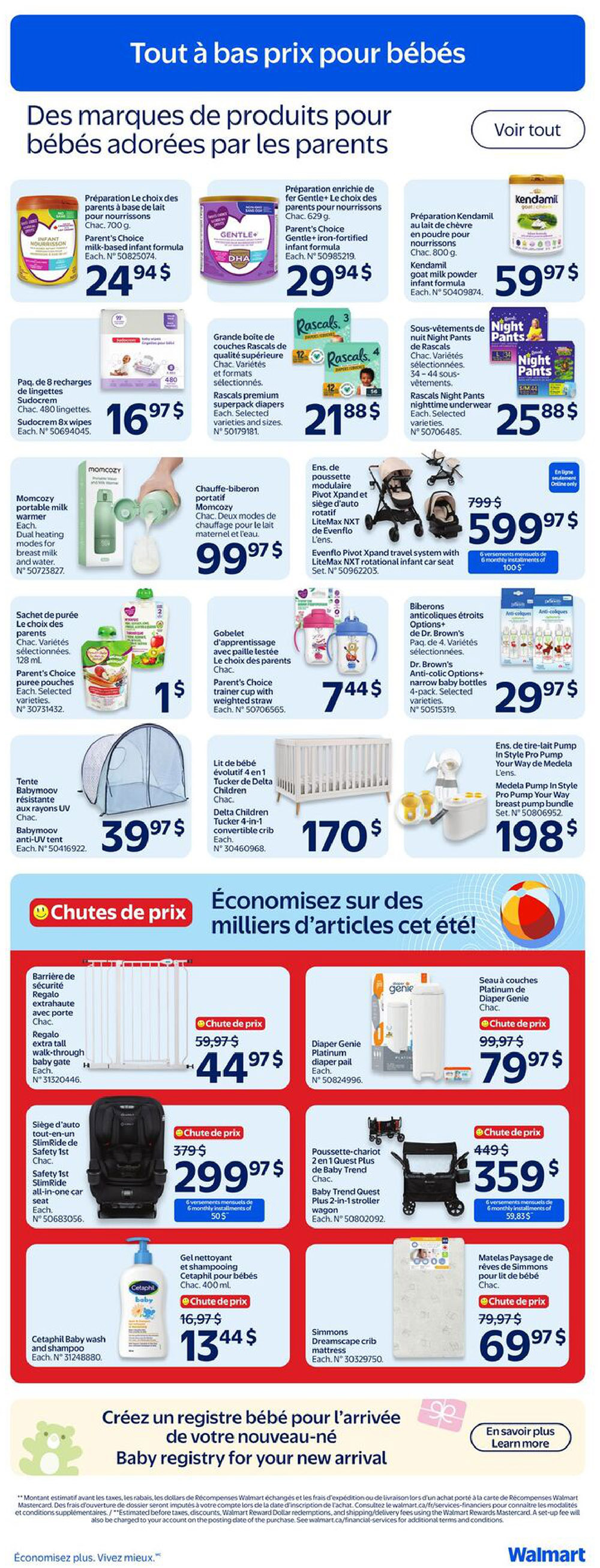 Walmart Canada flyer page 15 features baby products. Top section includes Parent's Choice milk-based infant formula for $24.94, Parent's Choice Gentle+ iron-fortified infant formula for $29.94, and Kendamil goat milk powder infant formula for $59.97. Also featured are Sudocrem 8x wipes for $16.97, Rascals premium superpack diapers for $21.88, and Rascals Night Pants nighttime underwear for $25.88. Momcozy portable milk warmer is $99.97. A LiteMax NXT rotational infant car seat travel system is $599.97. Parent's Choice pureed pouches are $1, and Parent's Choice trainer cups are $7.44. Dr. Brown's Anti-Colic Options+ narrow baby bottles 4-pack are $29.97. Babyoo resistant anti-UV tent is $39.97, and a Delta Children Tucker 4-in-1 convertible crib is $170. Medela Pump In Style Pro Pump Your Way breast pump bundle is $198. The 'Price Drops' section highlights a Regalo extra tall walk-through baby gate for $44.97 (originally $59.97), a Diaper Genie Platinum diaper pail for $79.97 (originally $99.97), a Safety 1st SlimRide all-in-one car seat for $299.97 (originally $379), a Baby Trend Quest Plus 2-in-1 stroller wagon for $359 (originally $449), Cetaphil Baby wash and shampoo for $13.44 (originally $16.97), and a Simmons Dreamscape crib mattress for $69.97 (originally $79.97). The page also promotes a baby registry for new arrivals with a 'Learn more' option.