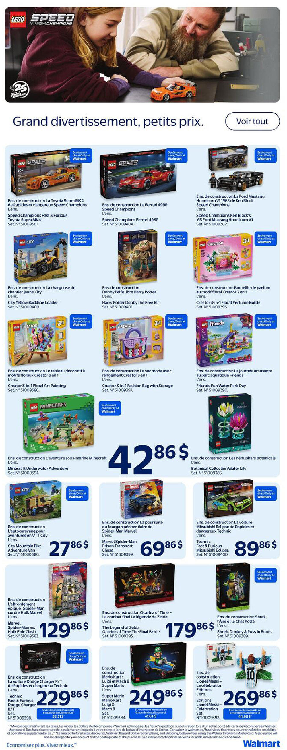 Walmart Canada weekly flyer specials page 16 featuring a large selection of LEGO building sets. Featured sets include LEGO Speed Champions Toyota Supra MK4 for $42.86, LEGO Speed Champions Ferrari 499P for $42.86, and LEGO Speed Champions Ken Block's Hoonicorn V1 for $42.86. Also available are LEGO City Yellow Backhoe Loader for $27.86, LEGO Harry Potter Dobby the Free Elf for $42.86, LEGO Creator 3-in-1 Floral Perfume Bottle for $42.86, LEGO Creator 3-in-1 Art Painting for $42.86, LEGO Creator 3-in-1 Fashion Bag with Storage for $42.86, and LEGO Friends Fun Water Park Day for $42.86. Larger sets include LEGO Minecraft Underwater Adventure for $42.86, Marvel Spider-Man Prison Transport Chase for $69.86, LEGO Technic Mitsubishi Eclipse for $89.86, Marvel Spider-Man vs. Hulk Epic Clash for $129.86, LEGO The Legend of Zelda Ocarina of Time - The Final Battle for $179.86, LEGO Technic Dodge Charger R/T for $229.86 with 6 monthly installments of $38.31, LEGO Super Mario Kart Luigi & Mach 8 for $249.86 with 6 monthly installments of $41.64, and LEGO Lionel Messi - Celebration Editions for $269.86 with 6 monthly installments of $44.98. All sets are available only at Walmart.