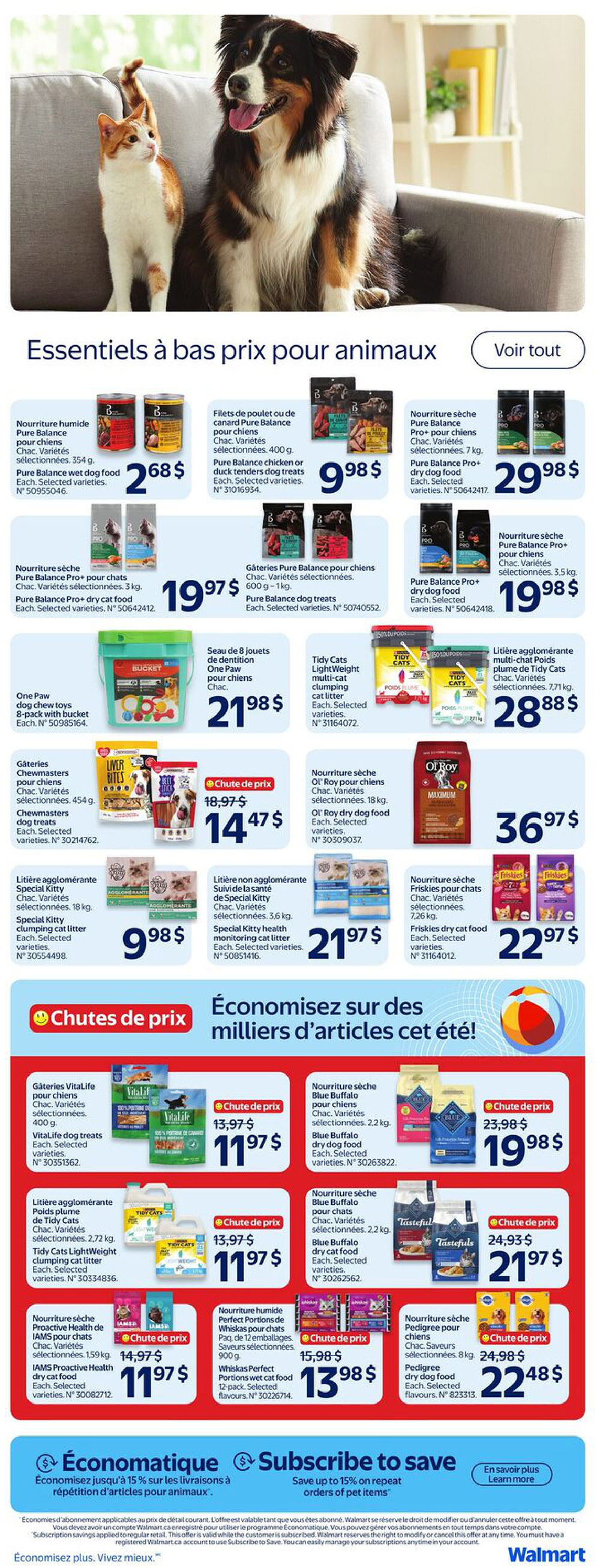 Walmart Canada weekly flyer specials page 17, featuring 'Essentials at low prices for pets'. Products include Pure Balance wet dog food 454 g for $2.68, Pure Balance chicken or duck tender dog treats 400 g for $9.98, Pure Balance Pro+ dry cat food 3 kg for $19.97, Pure Balance dog treats 600 g - 1 kg for $19.97, and Pure Balance Pro+ dry dog food 3.5 kg for $19.98. Also available are One Paw dog chew toys 8-pack for $21.98, Tidy Cats Lightweight clumping cat litter for $21.97, and Tidy Cats clumping cat litter 7.71 kg for $28.88. Special offers include Chewmasters dog treats for $14.47, Special Kitty health monitoring cat litter 18 kg for $9.98, Special Kitty health monitoring cat litter 3.6 kg for $21.97, and Ol' Roy dry dog food 18 kg for $36.97. Featured 'Price Drops' include VitaLife dog treats for $11.97, Blue Buffalo dry cat food 2.2 kg for $19.98, Tidy Cats Lightweight clumping cat litter for $11.97, Whiskas Perfect Portions wet food 12-pack for $13.98, and Pedigree dry dog food 8 kg for $22.48. The bottom section highlights 'Economique - Subscribe to Save' offering up to 15% off repeat orders of pet items.
