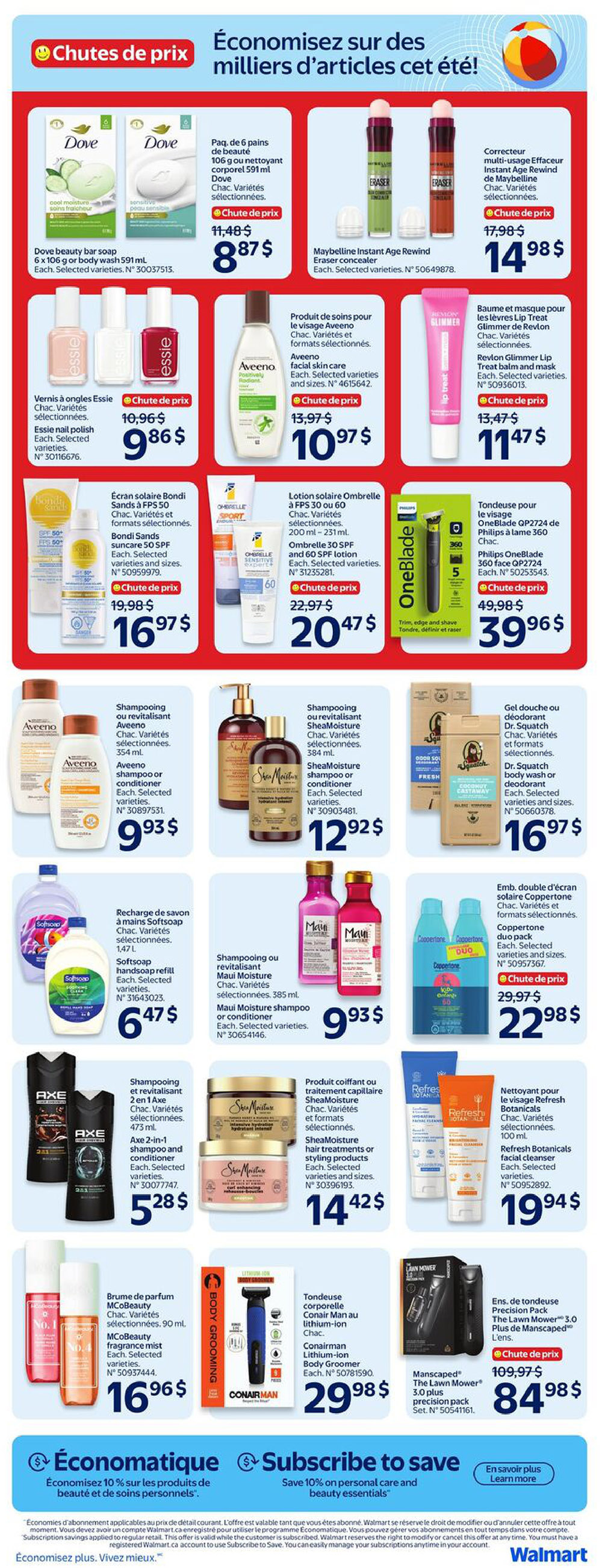 Walmart Canada flyer page 18 featuring a wide selection of personal care and beauty products on sale. Highlights include Dove 6-pack beauty bar soap for $8.87, Maybelline Instant Age Rewind Eraser concealer for $14.98, and Essie nail polish for $9.86. Also featured are Aveeno facial skin care for $10.97, Bondi Sands sunscreen for $16.97, and Ombrelle SPF 30 or 60 lotion for $20.47. Other deals include Aveeno shampoo or conditioner for $9.93, SheaMoisture shampoo or conditioner for $12.92, Softsoap hand soap refill for $6.47, and Maui Moisture shampoo or conditioner for $9.93. For grooming, find a Philips OneBlade 360 face groomer for $39.96, Axe 2-in-1 shampoo and conditioner for $5.28, ConairMAN Lithium-ion Body Groomer for $29.98, and Manscaped The Lawn Mower 3.0 plus precision pack for $84.98. Additionally, MCoBeauty fragrance mist is on sale for $16.96, and Coppertone duo pack sunscreen is $22.98. The page also promotes 'Économatique' and 'Subscribe to save' offers, providing 10% off personal care and beauty essentials.