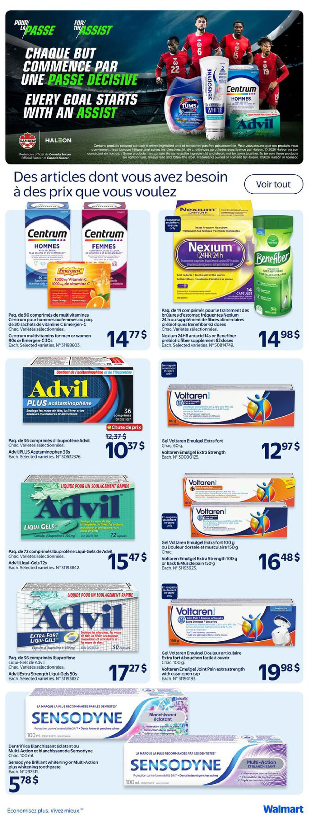 Walmart Canada weekly flyer specials page 19 features a selection of health and wellness products. On the top banner, there's a soccer-themed promotion with products like Tums, Sensodyne, Centrum, and Advil. The main content includes Centrum multivitamins for men or women, 90 count, for $14.77. Advil PLUS Acetaminophen 36 caplets are on sale for $10.37, down from $12.37. Advil Liqui-Gels 72 count are priced at $15.47. Nexium 24HR acid reducer, 14 capsules, and Benefiber prebiotic fiber supplement, 62 doses, are available for $14.98. Voltaren Emulgel Extra Strength 60g is $12.97. Voltaren Emulgel Joint Pain extra strength 100g or 150g is $16.48. Another Voltaren Emulgel Joint Pain extra strength 100g with an easy-open cap is $19.98. Finally, Sensodyne Brilliant whitening or Multi-Action plus whitening toothpaste, 100 ml, is $5.78.