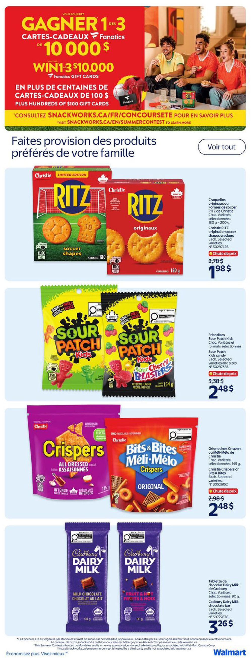 Walmart Canada flyer page 20 featuring a contest to win 1 of 3 Fanatics gift cards worth $10,000, plus hundreds of $100 gift cards. Visit snackworks.ca/fr/concourseto for details. Featured products include Christie RITZ original or soccer shapes crackers, 180g-200g, on sale for $1.98 each (originally $2.78). Sour Patch Kids candy, selected varieties and sizes, is on sale for $2.48 each (originally $3.38). Christie Crispers or Bits & Bites Crispers, 145g, are on sale for $2.48 each (originally $2.98). Cadbury Dairy Milk chocolate bars, 90g, are priced at $3.26 each.6 each. The page also includes a 'Save more. Live better.' slogan.
