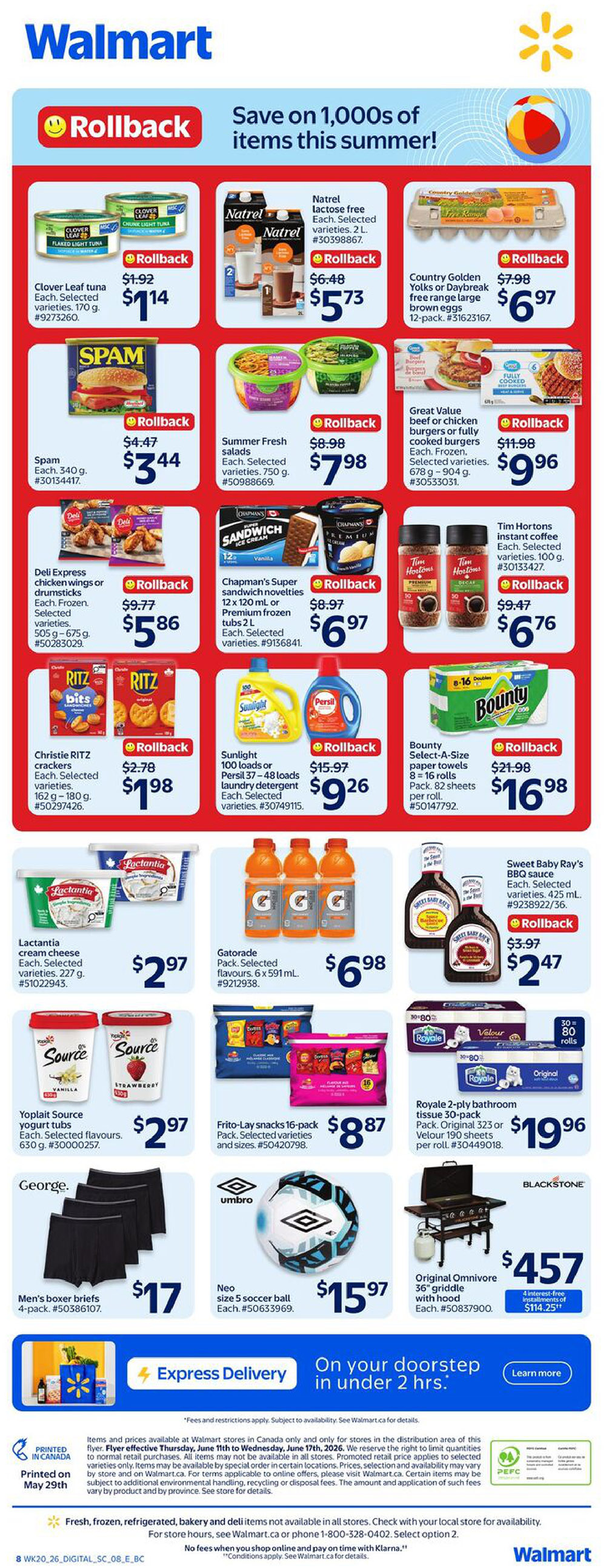 Walmart Canada weekly flyer specials page 2, featuring a wide variety of Rollback deals. Save on Clover Leaf tuna for $1.14, Natrel lactose-free varieties for $5.73, and Country Golden yolks or Daybreak brown eggs for $6.97. Other deals include Spam for $3.44, Summer Fresh salads for $7.98, and Great Value beef or chicken burgers for $9.96. Deli Express chicken wings or drumsticks are $5.86, Chapman's Super sandwich novelties are $6.97, and Tim Hortons instant coffee is $6.76. Christie RITZ crackers are $1.98, Sunlight 100 loads or Persil laundry detergent is $9.26, and Bounty Select-A-Size paper towels are $16.98. Lactantia cream cheese is $2.97, Gatorade 6-pack is $6.98, and Sweet Baby Ray's BBQ sauce is $2.47. Yoplait Source yogurt tubs are $2.97, Frito-Lay snacks 16-pack is $8.87, and Royale 2-ply bathroom tissue 30-pack is $19.96. Also featured are George men's boxer briefs 4-pack for $17, an Umbro Neo size 5 soccer ball for $15.97, and a Blackstone Original Omnivore 36' griddle with hood for $457, with 4 interest-free installments of $114.25. Express delivery is available in under 2 hours. Flyer valid from June 11th to June 17th, 2026.