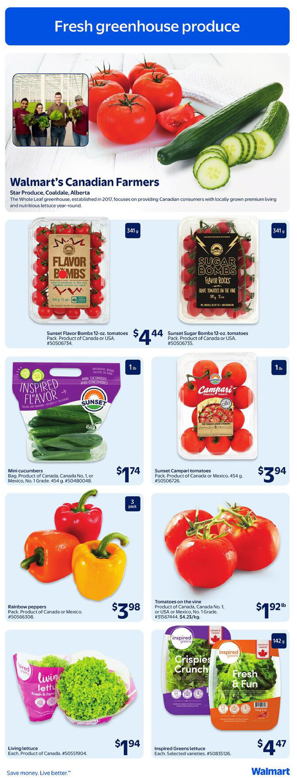 Walmart Canada weekly flyer specials page 4 features fresh greenhouse produce. Highlights include Sunset Flavor Bombs 12-oz. tomatoes for $4.44, Sunset Sugar Bombs 12-oz. tomatoes for $4.44, mini cucumbers for $1.74, and Sunset Campari tomatoes for $3.94. Also featured are rainbow peppers (3 pack) for $3.98, tomatoes on the vine for $1.92/lb, living lettuce for $1.94, and Inspired Greens lettuce for $4.47. The page also includes a section on 'Walmart's Canadian Farmers' from Star Produce in Coaldale, Alberta.