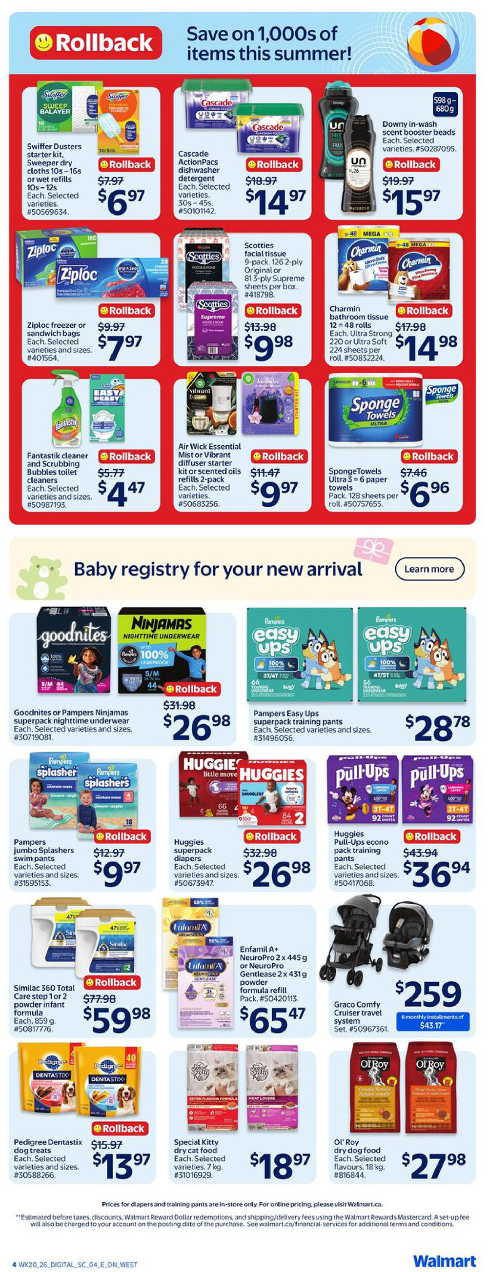 Walmart Canada weekly flyer specials page 7 features a 'Rollback' sale on various household and baby items. Top row includes Swiffer Dusters starter kit for $6.97, Cascade ActionPacks dishwasher detergent for $14.97, and Downy in-wash scent booster beads for $15.97. Middle row showcases Ziploc freezer or sandwich bags for $7.97, Scotties facial tissue 9-pack for $9.98, Charmin bathroom tissue 12-48 rolls for $14.98, and SpongeTowels Ultra 3=6 paper towels for $6.96. The bottom section highlights a 'Baby registry for your new arrival' section. Featured baby products include Goodnites or Pampers Ninjamas superpack nighttime underwear for $26.98, Pampers jumbo Splashers swim pants for $9.97, Huggies superpack diapers for $26.98, and Huggies Pull-Ups econo pack training pants for $36.94. Other items on sale are Fantastik cleaner and scrubbing bubbles toilet cleaners for $4.47, Air Wick Essential Mist or Vibrant diffuser starter kit with refills for $9.97, Similac 360 Total Care step 1 or 2 infant formula for $59.98, Enfamil A+ NeuroPro or Gentlease powder formula refill for $65.47, Pedigree Dentastix dog treats for $13.97, Special Kitty dry cat food for $18.97, and Ol' Roy dry dog food for $27.98. A Graco Comfy Cruiser travel system is also available for $259 with 6 monthly installments of $43.17.17. Prices for diapers and training pants are in-store only. For online pricing, please visit Walmart.ca.