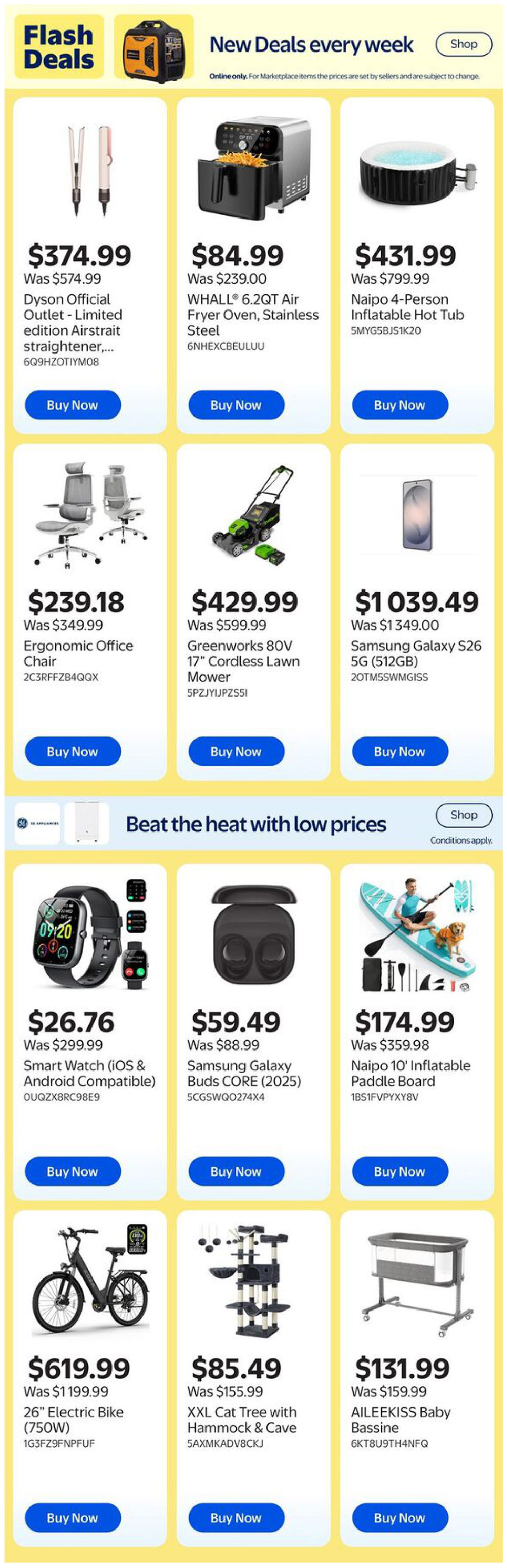 Walmart Canada weekly flyer specials page 11 features 'Flash Deals' with new items every week. Top row deals include a Dyson Official Outlet Airstrait Straightener for $374.99 (was $574.99), a WHALL 6.2QT Air Fryer Oven for $84.99 (was $239.00), and a Naipo 4-Person Inflatable Hot Tub for $431.99 (was $799.99). Second row deals showcase an Ergonomic Office Chair for $239.18 (was $349.99), a Greenworks 80V 17' Cordless Lawn Mower for $429.99 (was $599.99), and a Samsung Galaxy S26 5G (512GB) for $1,039.49 (was $1,349.00). The section 'Beat the heat with low prices' offers a Smart Watch (iOS & Android Compatible) for $26.76 (was $299.99), Samsung Galaxy Buds CORE (2025) for $59.49 (was $88.99), and a Naipo 10' Inflatable Paddle Board for $174.99 (was $359.98). The bottom row features a 26' Electric Bike (750W) for $619.99 (was $1,199.99), an XXL Cat Tree with Hammock & Cave for $85.49 (was $155.99), and an AILEEKISS Baby Bassinet for $131.99 (was $159.99).