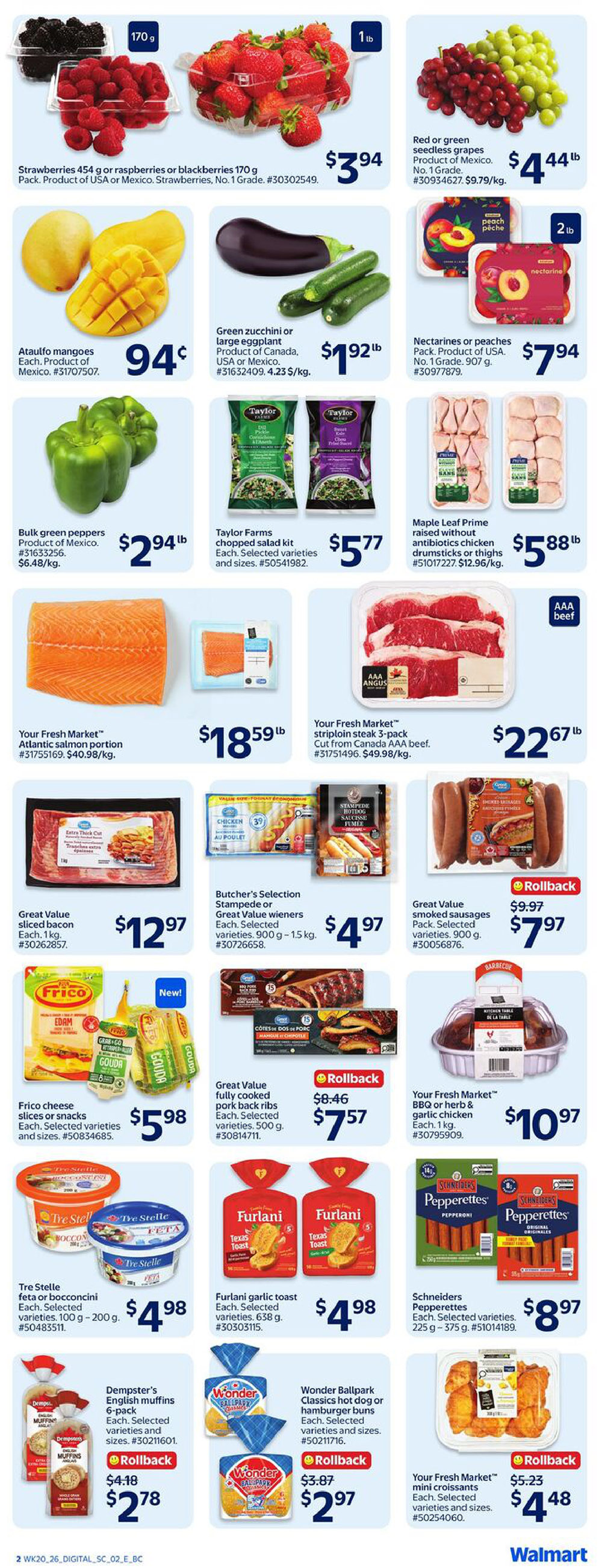 Walmart Canada Atlantic Canada flyer page 3 featuring fresh produce and grocery deals. Top row includes strawberries, raspberries or blackberries for $3.94, Ataulfo mangoes for 94 cents, green zucchini or large eggplant for $1.92/lb, and red or green seedless grapes for $4.44/lb. Middle row offers bulk green peppers for $2.94/lb, Taylor Farms chopped salad kits for $5.77, nectarines or peaches for $7.94, and Maple Leaf Prime raised without antibiotics chicken drumsticks or thighs for $5.88/lb. Further down, find Your Fresh Market Atlantic salmon portion for $18.59/lb and Your Fresh Market striploin steak 3-pack for $22.67/lb. Other deals include Great Value sliced bacon for $12.97, Butcher's Selection or Great Value wieners for $4.97, Frico cheese slices or snacks for $5.98, Great Value fully cooked pork back ribs on rollback for $7.57 (originally $8.46), Great Value smoked sausages on rollback for $7.97 (originally $9.97), and Your Fresh Market BBQ or herb & garlic chicken for $10.97. Also featured are Tre Stelle feta or bocconcini for $4.98, Furlani garlic toast for $4.98, Dempster's English muffins on rollback for $2.78 (originally $4.18), Wonder Ballpark Classics hot dog or hamburger buns on rollback for $2.97 (originally $3.87), and Your Fresh Market mini croissants on rollback for $4.48 (originally $5.23).