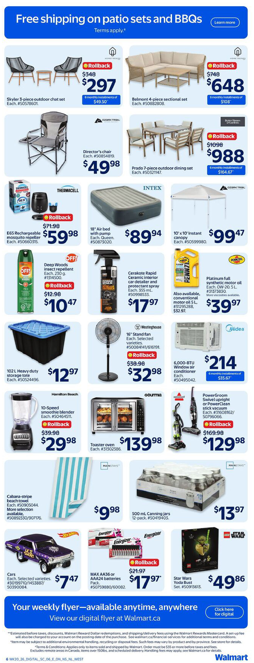 Walmart Canada Atlantic Canada flyer page 9 featuring free shipping on patio sets and BBQs. Deals include a Skyler 3-piece outdoor chat set for $297 (was $348), Belmont 4-piece sectional set for $648 (was $748), and a Prado 7-piece outdoor dining set for $988 (was $1098). Other items on sale are a Director's chair for $49.98, Thermacell E65 Rechargeable mosquito repeller for $59.98 (was $71.98), Intex 18' Air bed with pump for $89.94, and a 10' x 10' Instant canopy for $99.47. Also featured are Deep Woods insect repellent for $10.47 (was $12.98), Cerakote Rapid Ceramic interior car detailer and protectant spray for $17.97, Pennzoil Platinum full synthetic motor oil for $39.97, and 102 L Heavy duty storage tote for $12.97. Small appliances include a Hamilton Beach 10-Speed smoothie blender for $29.98 (was $39.98) and a Gourmia Toaster oven for $139.98. Home goods include a Westinghouse 16' Stand fan for $32.98 (was $38.98), a Midea 6,000-BTU Window air conditioner for $214, and a Bissell PowerGroom Swivel upright or PowerClean stick vacuum for $129.98 (was $169.98). Other items are a Cabana-stripe beach towel for $9.98, 500 mL Canning jars (12-pack) for $13.97, Cars. Selected varieties for $7.47, Energizer MAX AA36 or AAA24 batteries for $17.97 (was $21.97), and a Star Wars Yoda Bust Set for $49.86. View the digital flyer at Walmart.ca.