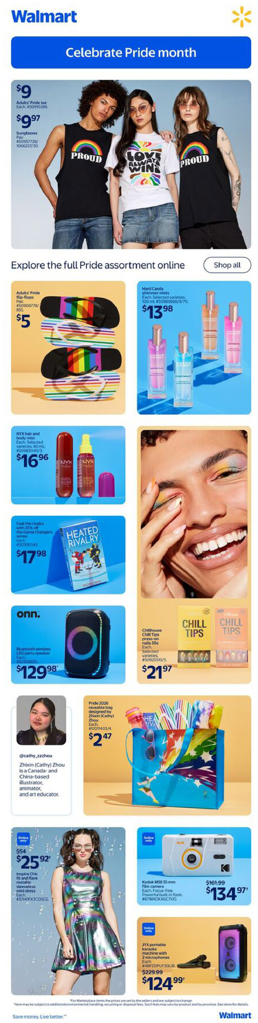 Walmart Canada weekly flyer specials, page 14, celebrating Pride month. Featured items include Adults' Pride tees for $9, sunglasses for $9.97, Adults' Pride flip-flops for $5, Hard Candy shimmer mists for $13.98, NYX hair and body mist for $16.96, and the book 'Heated Rivalry' at $17.98 with 25% off. Also available is an Onn. Bluetooth wireless LED party speaker for $129.98, Chillhouse Chill Tips press-on nails for $21.97, a Pride 2026 reusable bag designed by Zhixin (Cathy) Zhou for $2.47, an Inspire Chic metallic sleeveless mini dress for $25.92, a Kodak M38 35 mm film camera for $134.97 (originally $161.99), and a JYX portable karaoke machine with 2 microphones for $124.99 (originally $229.99). Shop all Pride assortment items online.