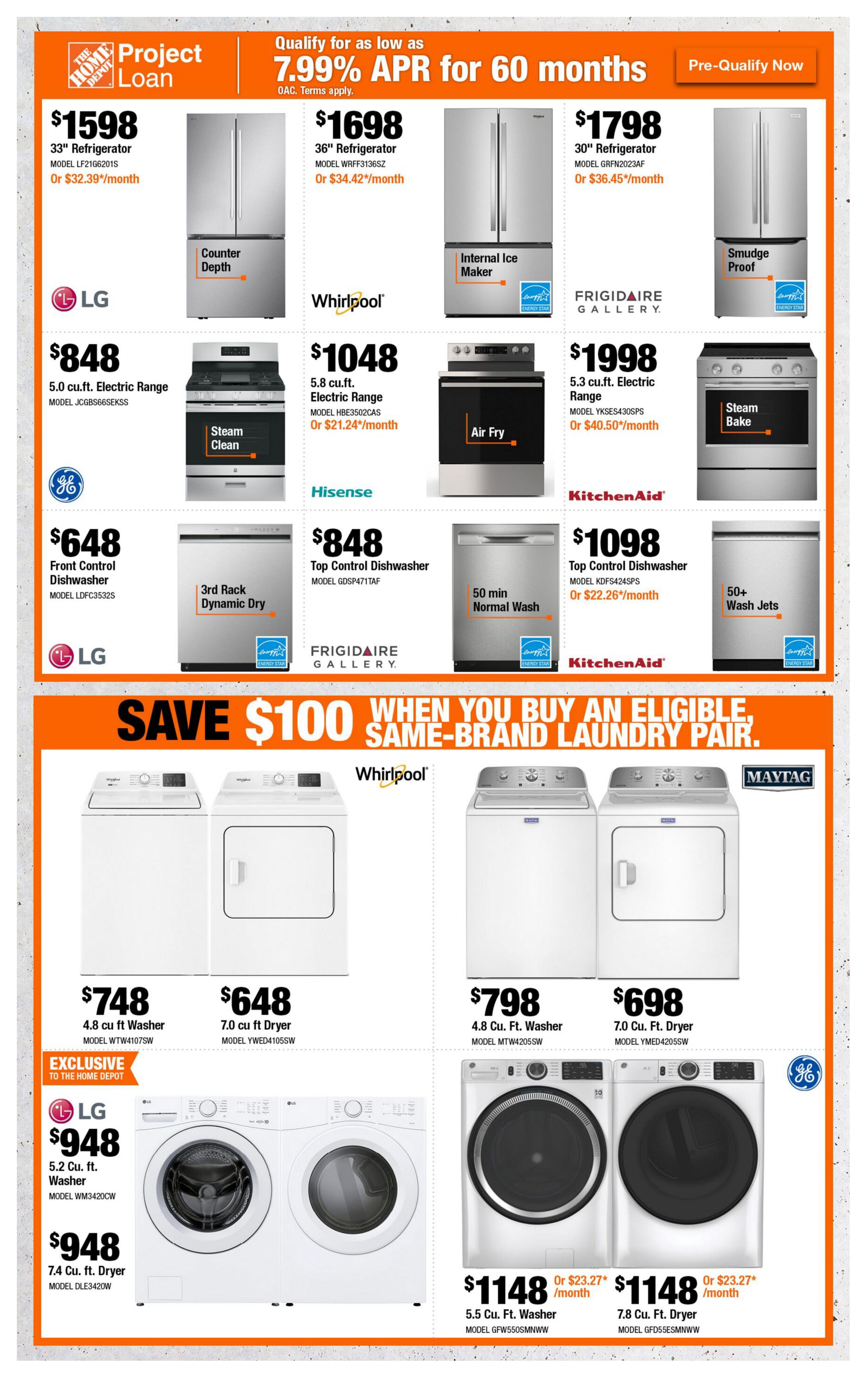 Home Depot Atlantic Canada flyer page 7 features major appliance deals. Top section showcases refrigerators: a 33' counter-depth model for $1598, a 36' model with internal ice maker for $1698, a 30' smudge-proof model for $1798, and a 30' model for $1998. Also featured are electric ranges: a 5.0 cu.ft. model with steam clean for $848, a 5.8 cu.ft. model with air fry for $1048, and a 5.3 cu.ft. model for $1998. Dishwashers include a front control model for $648 and two top control models, one for $848 and another for $1098 with 50-minute normal wash. The bottom section highlights a 'Save $100 when you buy an eligible, same-brand laundry pair' offer. Featured laundry pairs include a Whirlpool 4.8 cu.ft. washer for $748 and a 7.0 cu.ft. dryer for $648. LG offers a 5.2 cu.ft. washer for $948 and a 7.4 cu.ft. dryer for $948. GE presents a 5.5 cu.ft. washer for $1148 and a 7.8 cu.ft. dryer for $1148, with both GE units available for or $23.27/month. All prices are in Canadian dollars.