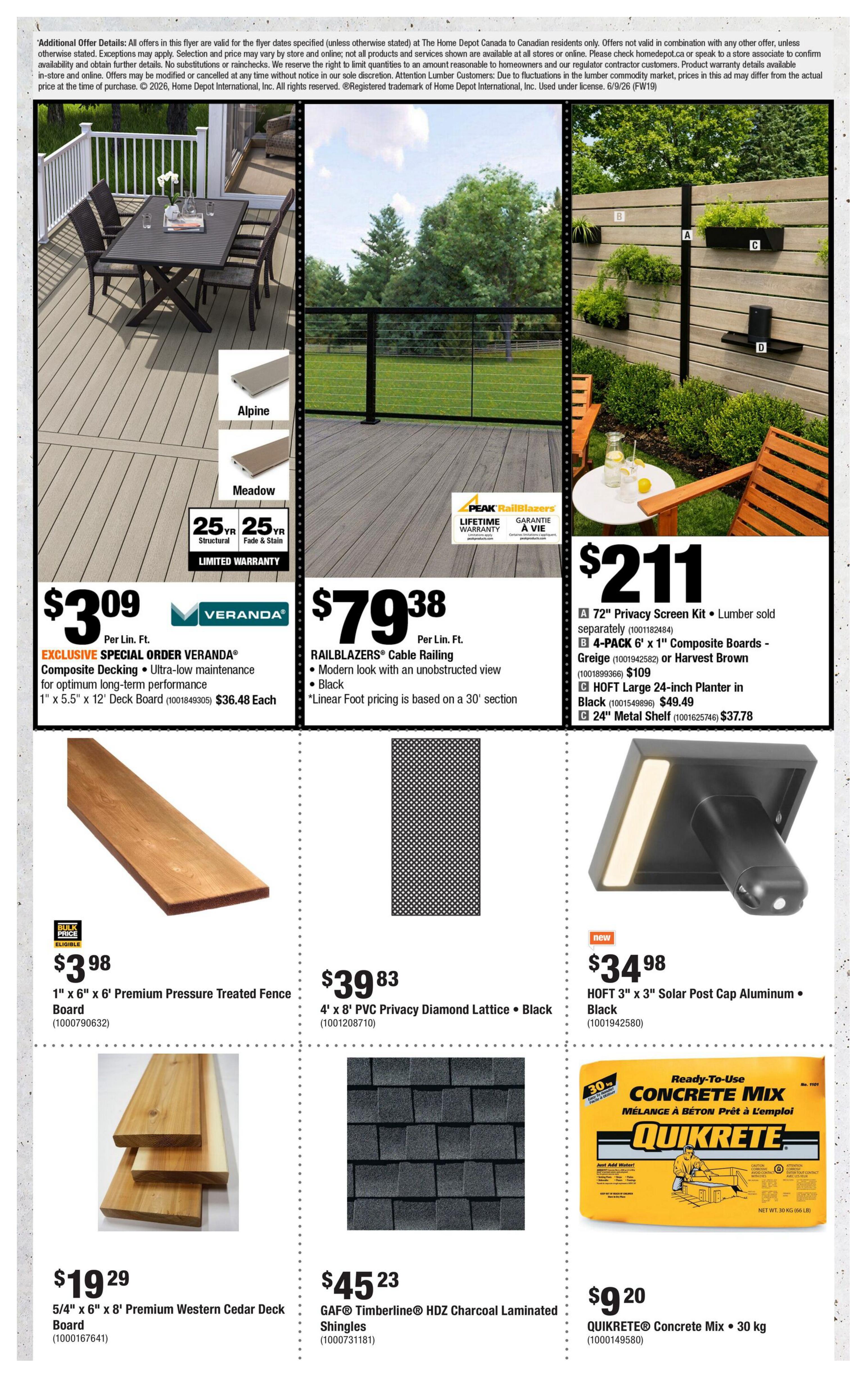Home Depot Atlantic Canada flyer specials page 8 features outdoor living and building materials. Top section showcases Veranda Composite Decking at $3.09 per linear foot, available in Alpine and Meadow colours with a 25-year structural and fade & stain limited warranty. Also featured is RAILBLAZERS Cable Railing for $79.38 per linear foot, offering a modern look with an unobstructed view in black. A 72' Privacy Screen Kit is priced at $211. Composite boards (4-pack 6' x 1') in Greige or Harvest Brown are $109. HOFT Large 24-inch Planters in Black are $49.49, and 24' Metal Shelves are $37.78. Mid-section offers 1' x 6' x 6' Premium Pressure Treated Fence Boards for $3.98, and 4' x 8' PVC Privacy Diamond Lattice in Black for $39.83. Bottom section includes 5/4' x 6' x 8' Premium Western Cedar Deck Boards for $19.29, GAF Timberline HDZ Charcoal Laminated Shingles for $45.23, and a new HOFT 3' x 3' Solar Post Cap in Aluminum Black for $34.98. Quikrete Concrete Mix (30 kg) is available for $9.20.