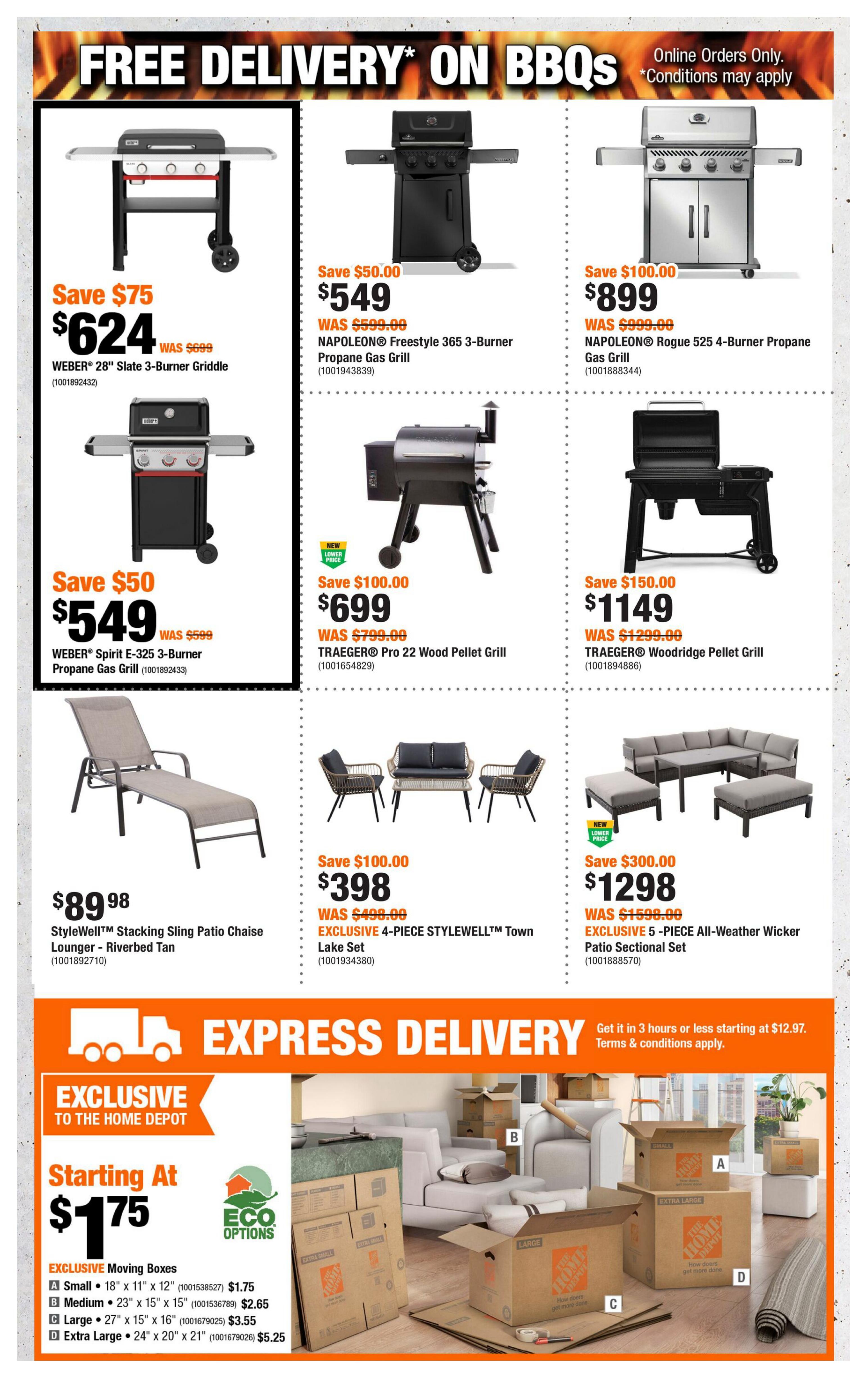 Home Depot flyer page 6 featuring a selection of BBQs and outdoor furniture with free delivery on BBQs. Featured BBQs include the WEBER 28' Slate 3-Burner Griddle for $624 (save $75), NAPOLEON Freestyle 365 3-Burner Propane Gas Grill for $549 (save $50), NAPOLEON Rogue 525 4-Burner Propane Gas Grill for $899 (save $100), WEBER Spirit E-325 3-Burner Propane Gas Grill for $549 (save $50), TRAEGER Pro 22 Wood Pellet Grill for $699 (save $100), and TRAEGER Woodridge Pellet Grill for $1149 (save $150). Also on sale is the StyleWell Stacking Sling Patio Chaise Lounger - Riverbed Tan for $89.98 and the EXCLUSIVE 4-PIECE STYLEWELL Town Lake Set for $398 (save $100). A large EXCLUSIVE 5-PIECE All-Weather Wicker Patio Sectional Set is available for $1298 (save $300). The page also highlights Home Depot's Express Delivery service, available in 3 hours or less starting at $12.97, and EXCLUSIVE Moving Boxes starting at $1.75 for small, $2.65 for medium, $3.55 for large, and $5.25 for extra large.