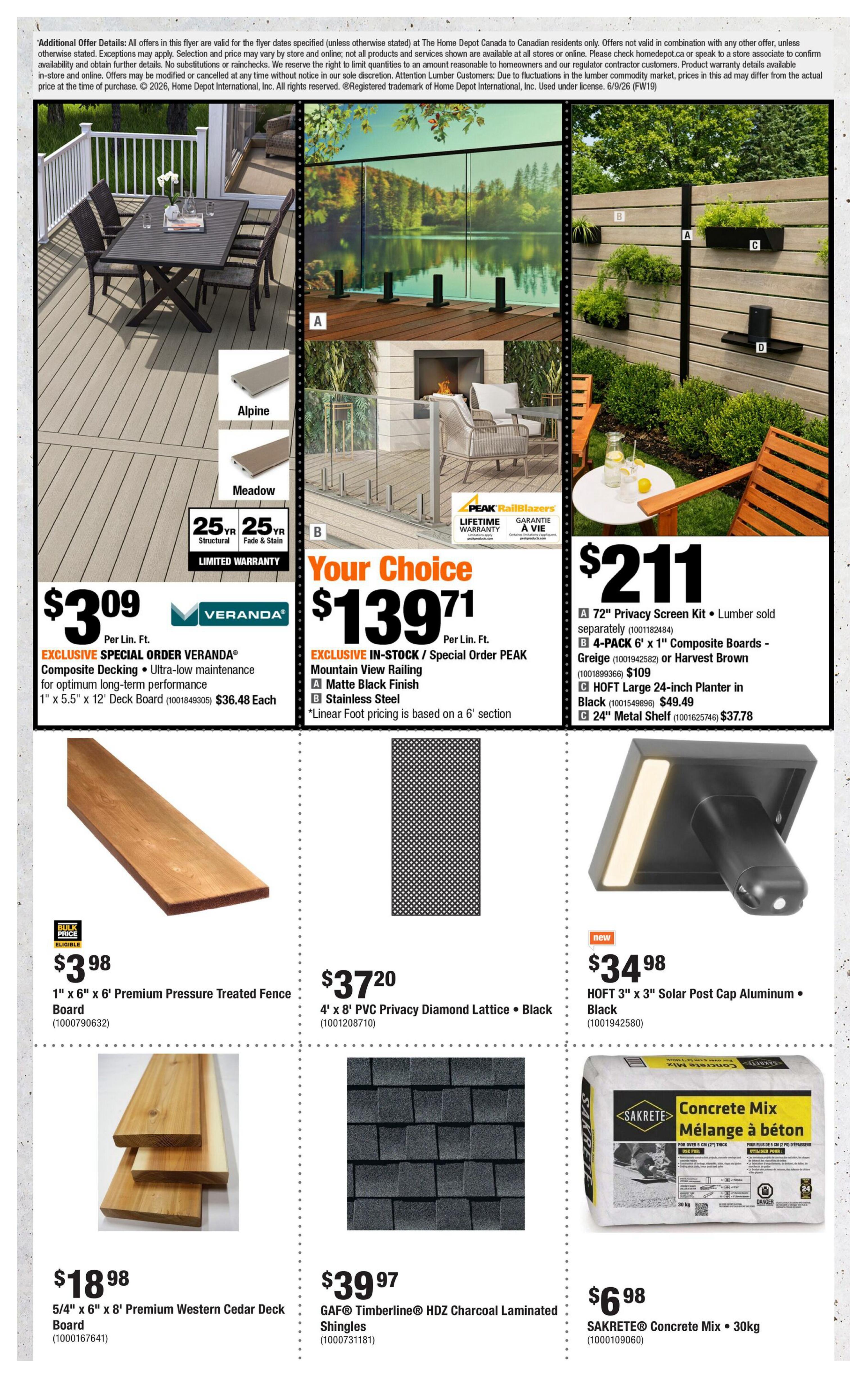 Home Depot flyer specials page 8 features outdoor living and building materials. Highlighted are Veranda Composite Decking at $3.09 per linear foot, available in Alpine and Meadow finishes with a 25-year structural and fade & stain warranty. Also featured is the 'Your Choice' offer for Peak Mountain View Railing in Matte Black Finish or Stainless Steel for $139.71 per linear foot. Other items include a 72' Privacy Screen Kit for $211, 4-pack of 6' x 1' Composite Boards for $109, HOFT Large 24-inch Planter in Black for $49.49, and a 24' Metal Shelf for $37.78. Building materials include 1' x 6' x 6' Premium Pressure Treated Fence Board for $3.98, 4' x 8' PVC Privacy Diamond Lattice in Black for $37.20, 5/4' x 6' x 8' Premium Western Cedar Deck Board for $18.98, GAF Timberline HDZ Charcoal Laminated Shingles for $39.97, and Sakrete Concrete Mix 30kg for $6.98. The page also displays various deck and railing systems with lifestyle imagery.