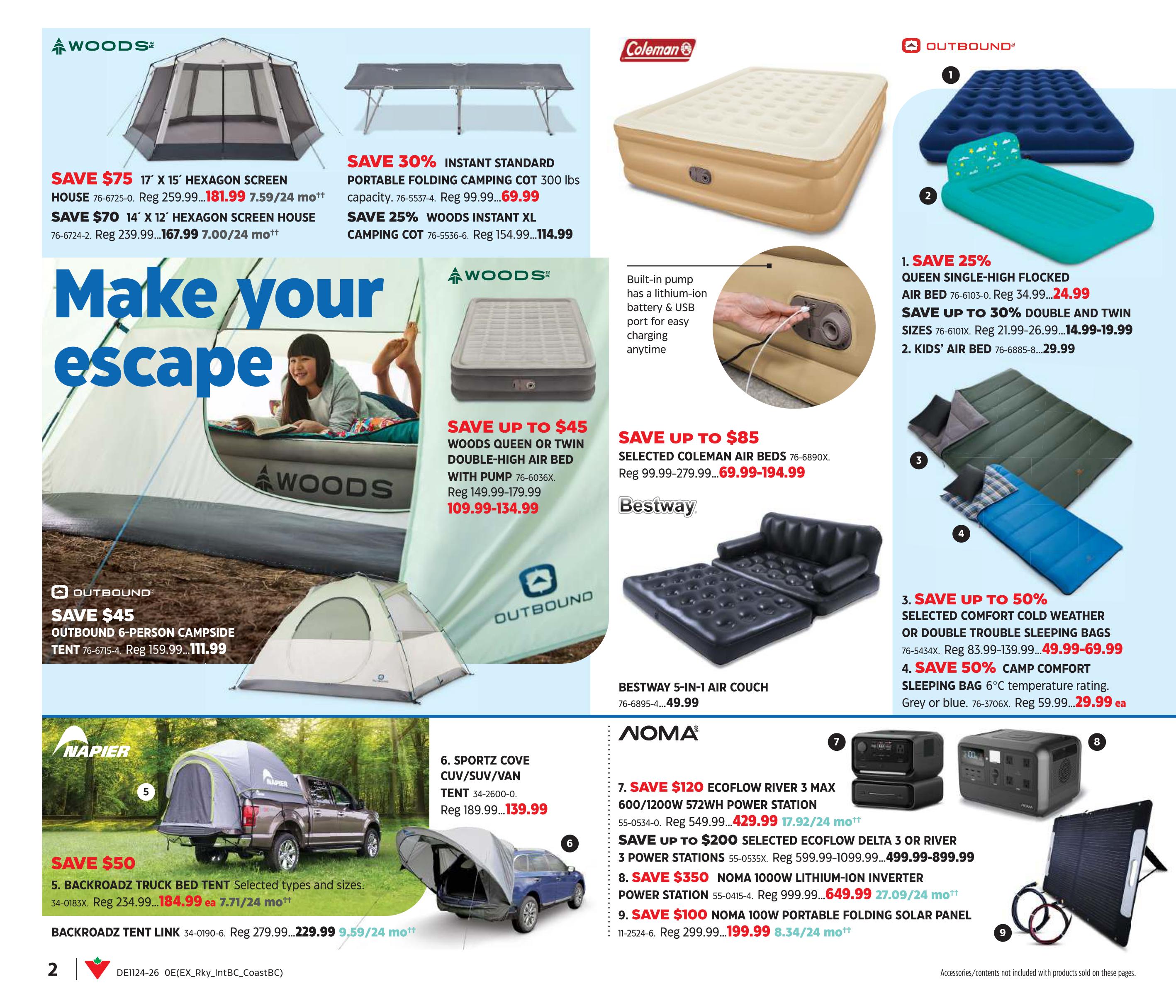 Canadian Tire Summer Inspiration flyer, page 2. Features Woods 17' x 15' Hexagon Screen House on sale for $181.99 (save $75) and 14' x 12' Hexagon Screen House for $167.99 (save $70). Also available are Woods Portable Folding Camping Cots for $69.99 (save 30%) and Instant XL Camping Cots for $114.99 (save 25%). Save up to $45 on Woods Queen or Twin Double-High Air Beds with pump, priced from $109.99-$134.99. Outbound 6-Person Campside Tent is $111.99 (save $45). Napier Backroadz Truck Bed Tent is $184.99 (save $50) with a Backroadz Tent Link for $229.99. Outbound Queen Single-High Flocked Air Bed is $24.99 (save 25%), with Double and Twin sizes on sale for $14.99-$19.99. Kids' Air Bed is $29.99. Save up to $85 on selected Coleman Air Beds, priced from $69.99-$194.99. Bestway 5-in-1 Air Couch is $49.99. Save up to 50% on selected Comfort Cold Weather or Double Trouble Sleeping Bags, priced from $49.99-$69.99. Camp Comfort Sleeping Bags are $29.99. Noma EcoFlow River 3 Max 600/1200W Power Station is $429.99, and selected EcoFlow Delta 3 or River 3 Power Stations range from $499.99-$899.99. Noma 1000W Lithium-Ion Inverter Power Station is $649.99, and Noma 100W Portable Folding Solar Panel is $199.99.