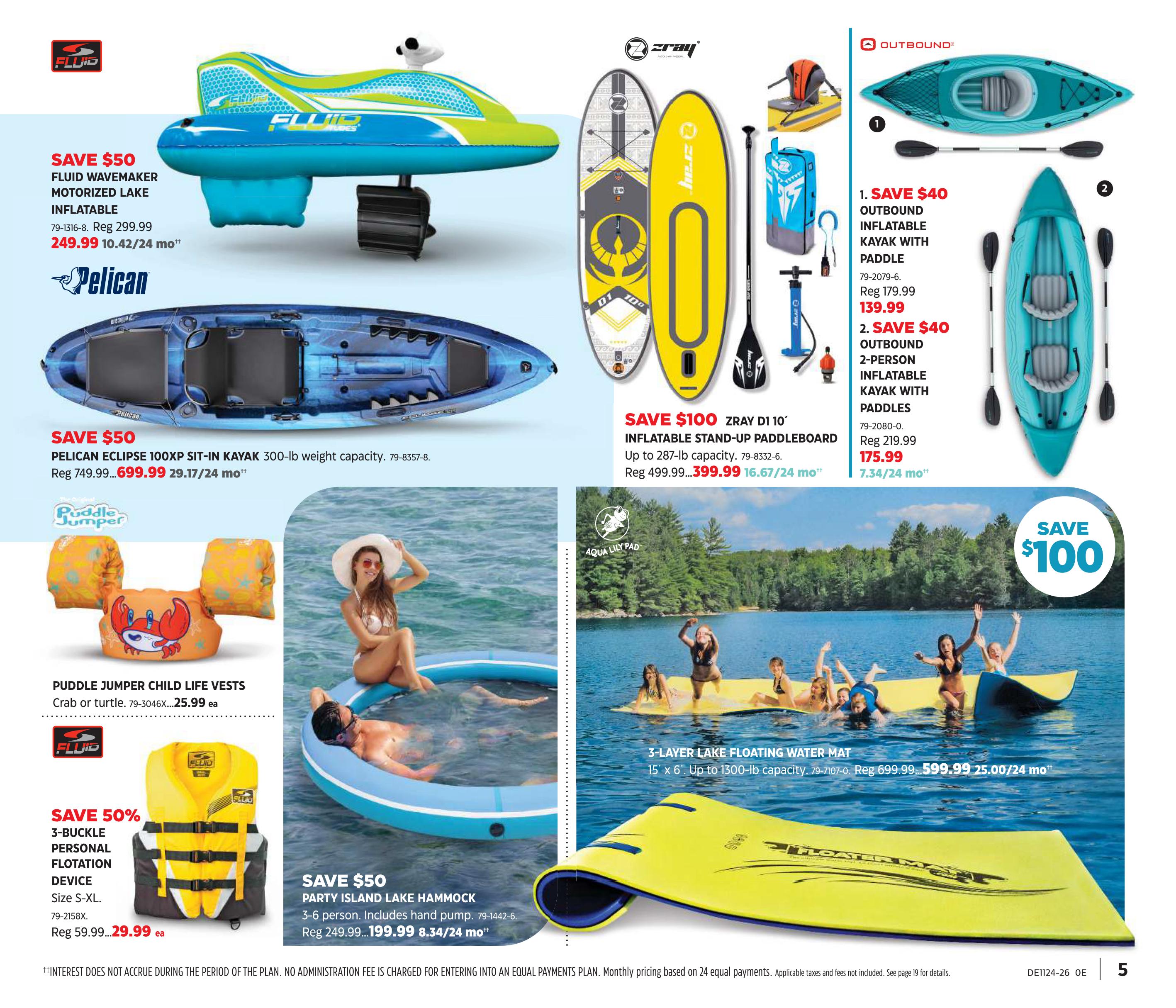 Canadian Tire Summer Inspiration flyer, page 5. Features a SAVE $50 Fluid Wavemaker motorized lake inflatable, now $249.99. Also, save $50 on a Pelican Eclipse 100XP Sit-In Kayak for $699.99. On the right, save $40 on an Outbound inflatable kayak with paddle for $139.99, and save $40 on a 2-person inflatable kayak with paddles for $175.99. Save $100 on a Zray D1 10' inflatable stand-up paddleboard for $399.99. Puddle Jumper child life vests are $25.99 each. Save 50% on a 3-buckle personal flotation device for $29.99. A 3-layer lake floating water mat is on sale for $599.99, and a party island lake hammock is $199.99.