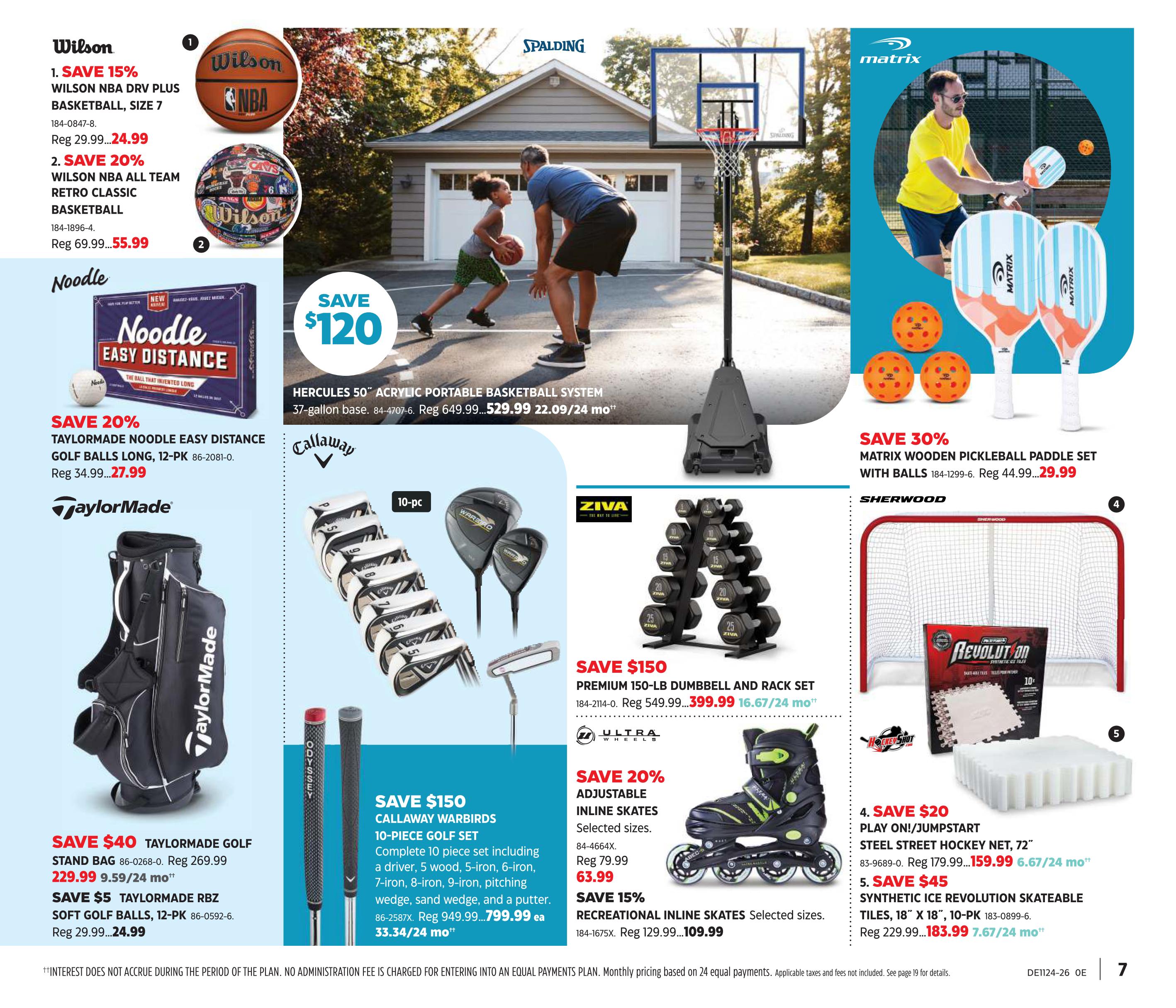 Canadian Tire Summer Inspiration flyer, page 7. Features Wilson NBA DRV PLUS basketball size 7 on sale for $24.99 (save 15%), and Wilson NBA All Team Retro Classic basketball for $55.99 (save 20%). Noodle Easy Distance golf balls, 12-pack, are $27.99 (save 20%). A Spalding Hercules 50' acrylic portable basketball system is on sale for $529.99, saving $120. The page also shows a Matrix wooden pickleball paddle set with balls for $29.99 (save 30%). Golf equipment includes Callaway Warbirds 10-piece golf set for $799.99 (save $150), and a Taylormade Golf stand bag for $229.99 (save $40). Taylormade RBZ soft golf balls, 12-pack, are $24.99 (save $5). ZIVA offers a premium 150-lb dumbbell and rack set for $399.99 (save $150). For inline skating, there are adjustable inline skates for $63.99 (save 20%) and recreational inline skates for $109.99 (save 15%). Also featured is a Sherwood steel street hockey net, 72', for $159.99 (save $20), and Revolution synthetic ice skateable tiles, 18' x 18', 10-pack, for $183.99 (save $45).