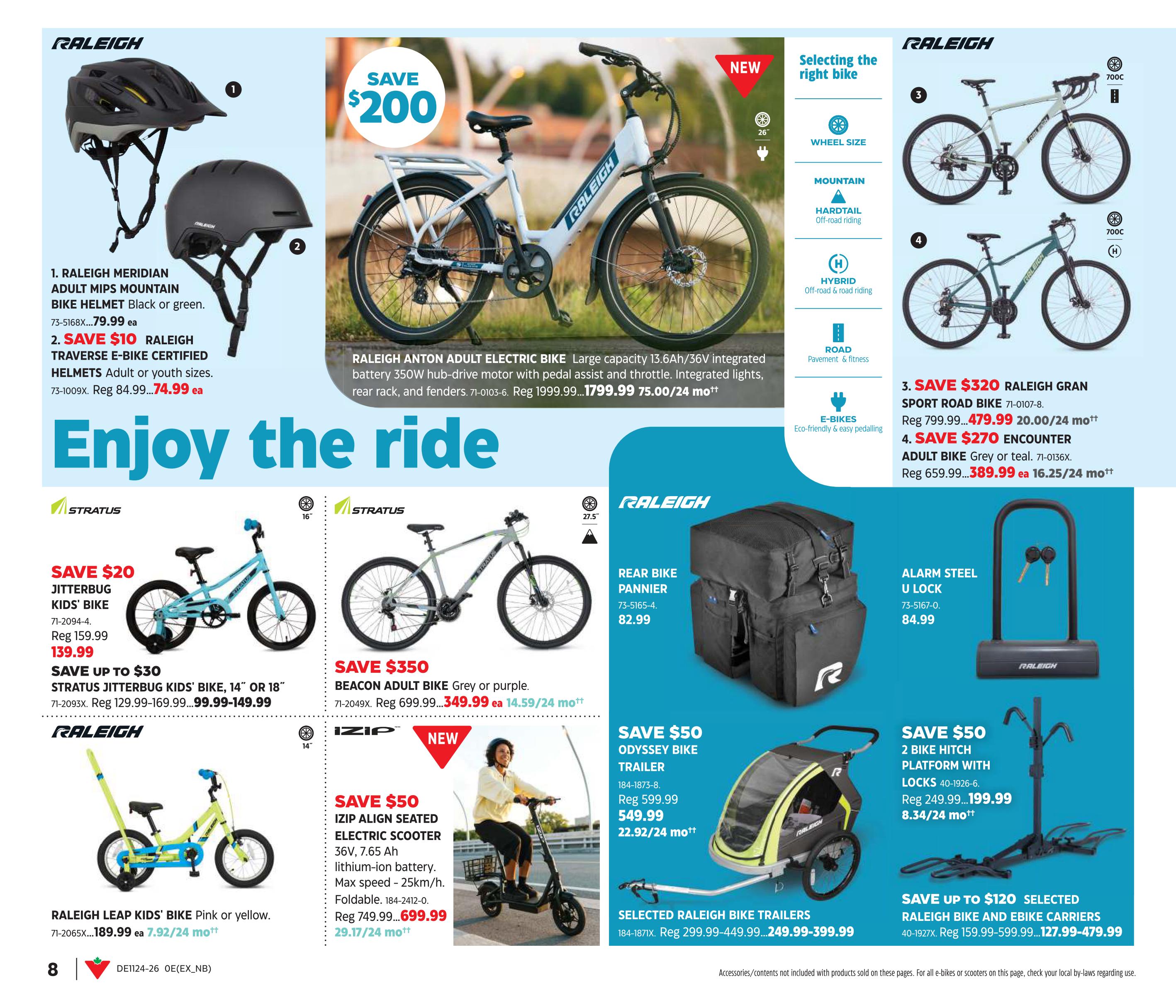 Canadian Tire Summer Inspiration flyer, page 8. Features Raleigh Meridian Adult MIPS Mountain Bike Helmet in black or green for $79.99, saving $10 on Raleigh Traverse E-Bike Certified Helmets for adult or youth sizes at $74.99. The Raleigh Anton Adult Electric Bike is on sale for $1799.99, a $200 savings, with a large capacity 13.6Ah/36V integrated battery, 350W hub-drive motor, pedal assist, throttle, integrated lights, rear rack, and fenders. Also available are Raleigh Gran Sport Road Bikes, saving $320, priced at $479.99, and Raleigh Encounter Adult Bikes in grey or teal for $389.99, saving $270. Stratus Jitterbug Kids' Bikes are on sale for $139.99, saving $20. Stratus Jitterbug Kids' Bikes, 14' or 18', are up to $30 off, priced from $99.99 to $149.99. The Beacon Adult Bike in grey or purple is $349.99, saving $350. Raleigh Leap Kids' Bikes in pink or yellow are $189.99. The new IZIP Align Seated Electric Scooter is $699.99, saving $50, featuring a 36V, 7.65 Ah lithium-ion battery, max speed of 25km/h, and is foldable. Also featured are an Alarm Steel U Lock for $84.99, an Odyssey Bike Trailer for $549.99, saving $50, a 2 Bike Hitch Platform with Locks for $199.99, saving $50, and selected Raleigh Bike and Ebike Carriers from $127.99 to $479.99, saving up to $120.