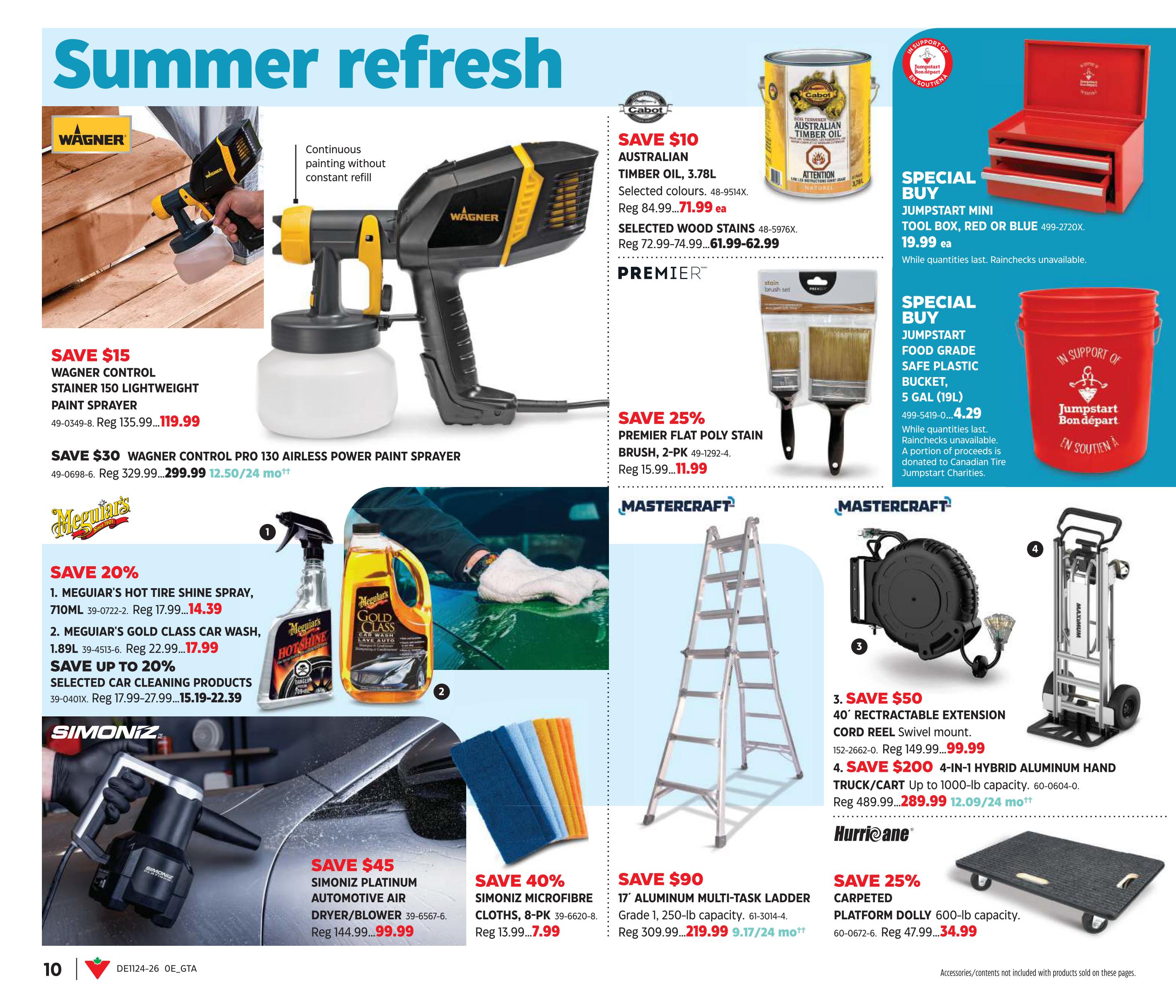 Canadian Tire Summer Refresh flyer, page 10. Features a Wagner Control Stainer 150 lightweight paint sprayer on sale for $119.99, saving $15. Also available is the Wagner Control Pro 130 airless power paint sprayer for $299.99, a $30 saving with a payment option of $12.50/24 months. Save 20% on Meguiar's Hot Tire Shine Spray (710mL) for $14.39 and Meguiar's Gold Class Car Wash (1.89L) for $17.99. Selected car cleaning products are up to 20% off, with prices ranging from $15.19-$22.39. Save $45 on the Simoniz Platinum Automotive Air Dryer/Blower for $99.99. Simoniz Microfibre Cloths (8-pack) are 40% off, priced at $7.99. Special buys include Cabot Australian Timber Oil (3.78L) for $71.99 and Premier Flat Poly Stain Brushes (2-pack) for $11.99, a 25% saving. Also featured is a Jumpstart Mini Tool Box in red or blue for $19.99 and a Jumpstart Food Grade Safe Plastic Bucket (5 Gal) for $4.29. Mastercraft offers a 17' Aluminum Multi-Task Ladder for $219.99, a $90 saving with a payment option of $9.17/24 months. A 40' retractable extension cord reel is on sale for $99.99, saving $50. The Maximum 4-in-1 Hybrid Aluminum Hand Truck/Cart (up to 1000-lb capacity) is $289.99, a $200 saving with a payment option of $12.09/24 months. Lastly, a carpeted platform dolly with 600-lb capacity is 25% off, priced at $34.99.
