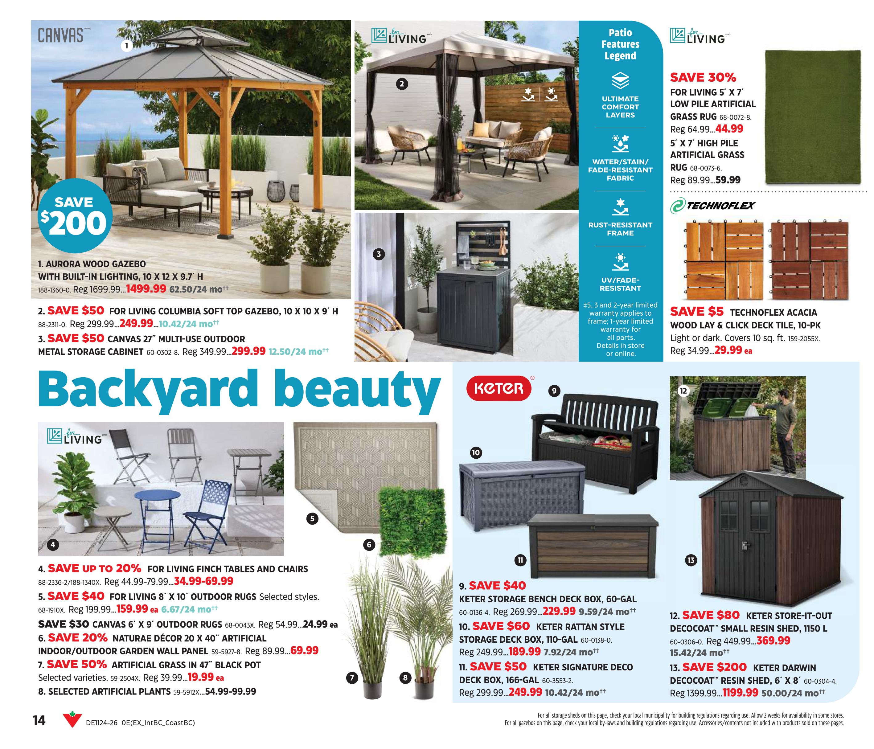 Canadian Tire backyard beauty flyer, page 14. Features the Aurora Wood Gazebo with built-in lighting for $1499.99, saving $200. Also available is the For Living Columbia Soft Top Gazebo, 10 X 10 ft, on sale for $249.99, saving $50. The Canvas 27' Multi-Use Outdoor Metal Storage Cabinet is $299.99, saving $50. For Living Finch Tables and Chairs are up to 20% off, starting at $34.99. For Living 8' X 10' Outdoor Rugs are $159.99, saving $40. Canvas 6' X 9' Outdoor Rugs are $24.99, saving $30. Natura Décor 20 X 40' Artificial Indoor/Outdoor Garden Wall Panel is $69.99, saving 20%. Artificial Grass in 47' Black Pot is $19.99, saving 70%. Artificial Plants are priced from $54.99 to $99.99. Technoflex Acacia Wood Lay & Click Deck Tile is $29.99, saving $5. Keter Storage Bench Deck Box, 60-gal, is $229.99, saving $40. Keter Rattan Style Storage Deck Box, 110-gal, is $189.99, saving $50. Keter Signature Deco Deck Box, 166-gal, is $249.99, saving $50. Keter Store-It-Out Small Resin Shed is $369.99, saving $80. Keter Darwin DecoCoat Resin Shed, 6' X 8', is $1199.99, saving $200.