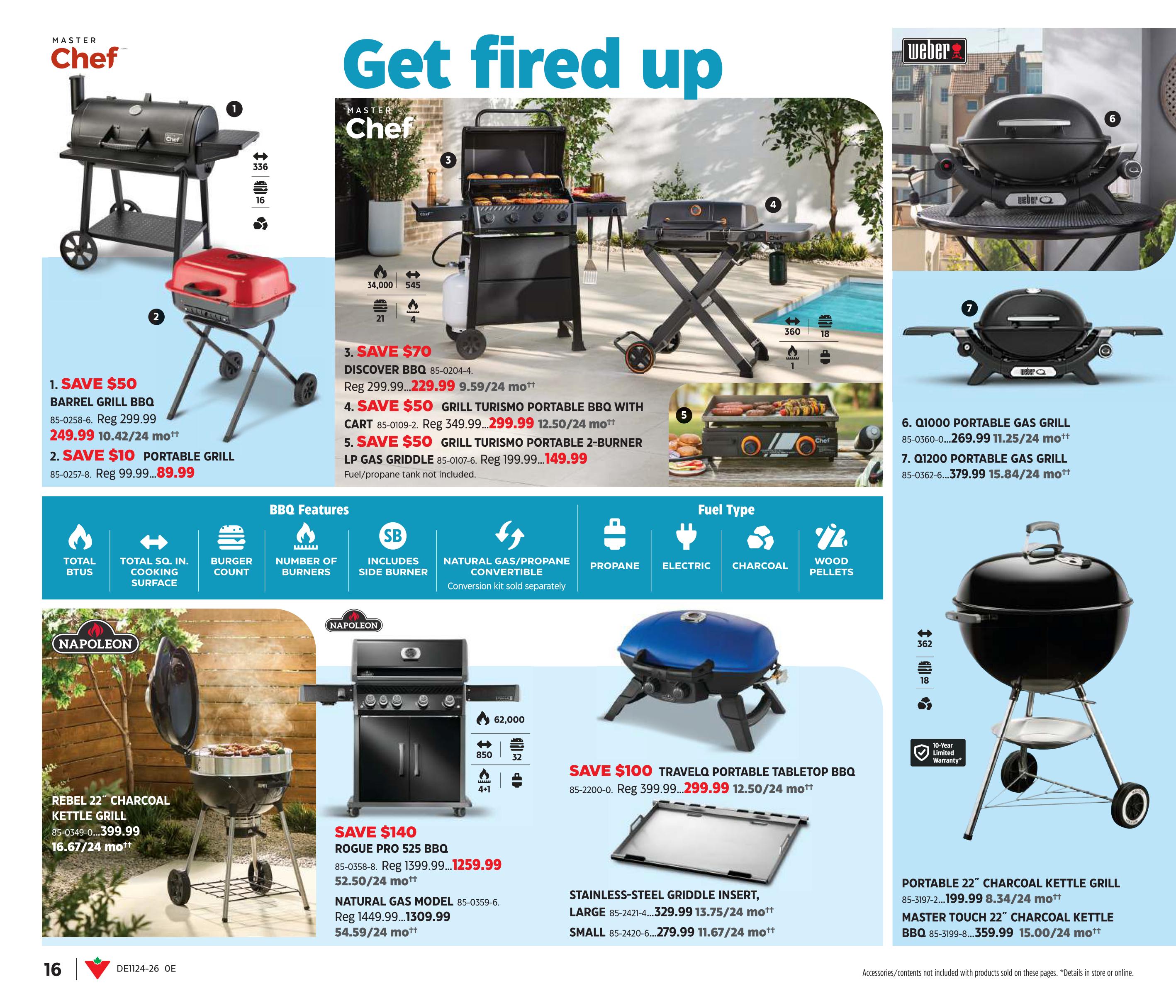 Canadian Tire Summer Inspiration flyer, page 16. Features a variety of BBQs and grilling accessories. Master Chef Barrel Grill BBQ on sale for $249.99 (regular $299.99), a $50 savings. Master Chef Portable Grill is $89.99 (regular $99.99), a $10 savings. Master Chef Discover BBQ is $229.99 (regular $299.99), a $70 savings. Master Chef Grill Turismo Portable BBQ with Cart is $299.99 (regular $349.99), a $50 savings. Master Chef LP Gas Griddle is $149.99 (regular $199.99), a $50 savings. Weber Q1000 Portable Gas Grill is $269.99, and the Weber Q1200 Portable Gas Grill is $379.99. Napoleon Rebel 22' Charcoal Kettle Grill is $399.99. Napoleon Rogue Pro 525 BBQ is $1259.99 (regular $1399.99), a $140 savings. Natural Gas Model is $1309.99 (regular $1449.99). Save $100 on the TravelQ Portable Tabletop BBQ for $299.99 (regular $399.99). Also available are Stainless-Steel Griddle Inserts in large for $329.99 and small for $279.99. Featured are a Portable 22' Charcoal Kettle Grill for $199.99 and a Master Touch 22' Charcoal Kettle BBQ for $359.99. Includes BBQ features like total BTUs, cooking surface, burger count, number of burners, side burner, and fuel type options (natural gas/propane convertible, propane, electric, charcoal, wood pellets).