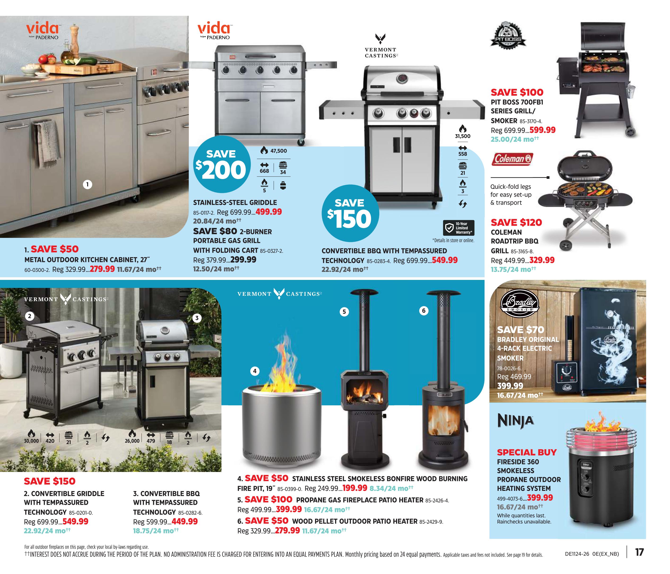Canadian Tire Summer Inspiration flyer, page 17. Features outdoor cooking and heating solutions. Save $50 on a 27' Metal Outdoor Kitchen Cabinet, now $279.99. Save $200 on a Stainless-Steel Griddle, now $499.99, with a Save $80 2-Burner Portable Gas Grill for $299.99. Save $150 on a Convertible BBQ with Tempassured Technology, now $549.99. Save $100 on a Pit Boss 700FB1 Series Grill/Smoker for $599.99. Save $120 on a Coleman Roadtrip BBQ Grill for $329.99. Save $70 on a Bradley Original 4-Rack Electric Smoker for $399.99. Also featured are a Stainless Steel Smokeless Bonfire Wood Burning Fire Pit, now $199.99, a Propane Gas Fireplace Patio Heater for $399.99, and a Wood Pellet Outdoor Patio Heater for $279.99. A Ninja Fireside 360 Smokeless Propane Outdoor Heating System is a special buy for $399.99 while quantities last.