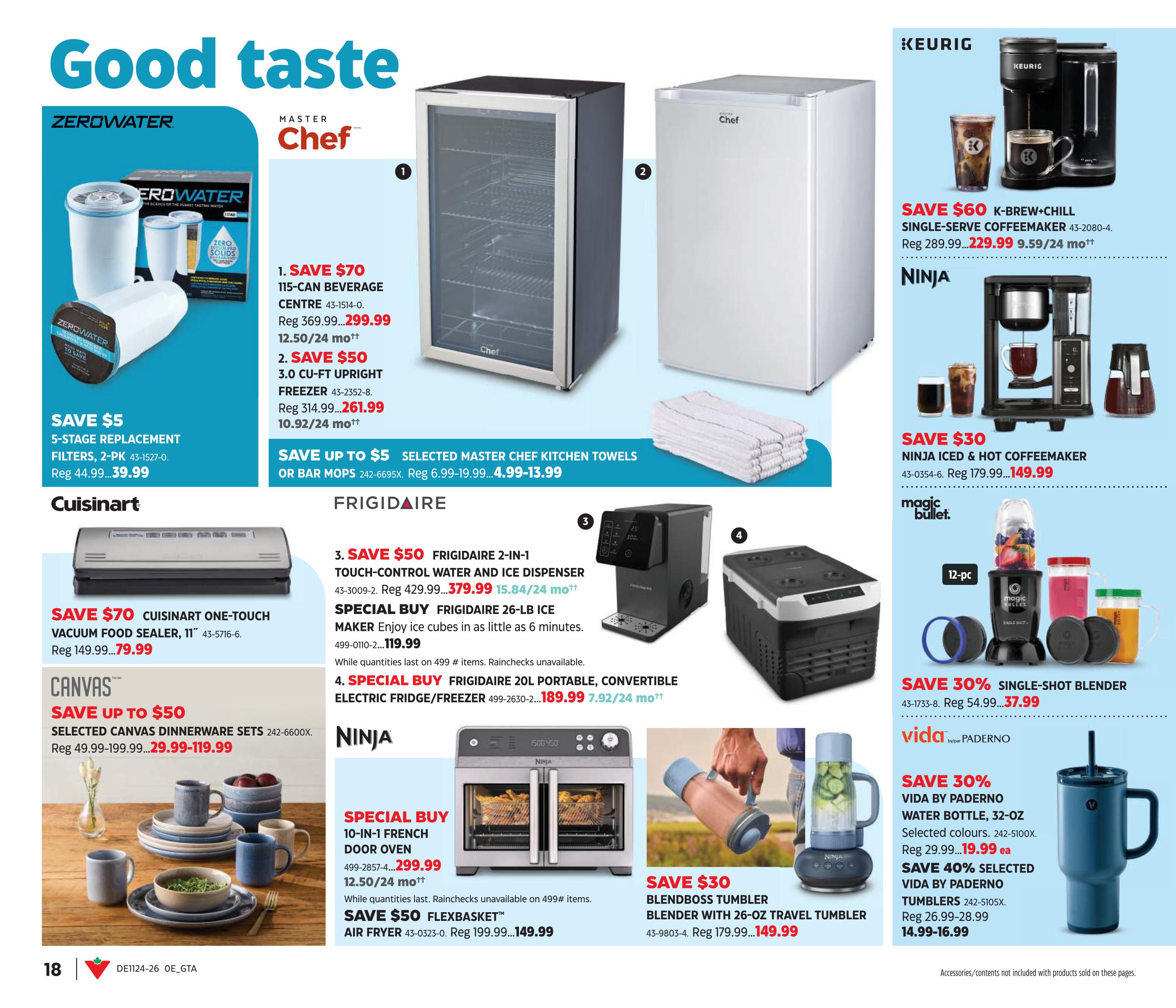 Canadian Tire Summer Inspiration flyer, page 18. Features a Master Chef 115-can beverage centre on sale for $299.99 (save $70), and a Master Chef 3.0 cu-ft upright freezer for $261.99 (save $50). Also available are Master Chef kitchen towels, with savings up to $5, priced from $4.99 to $13.99. Cuisinart offers a one-touch vacuum food sealer for $79.99 (save $70). Canvas selected dinnerware sets are up to 50% off, priced from $29.99 to $119.99. Keurig presents the K-Brew+Chill single-serve coffeemaker for $229.99 (save $60). Ninja offers a hot coffeemaker for $149.99 (save $30) and a 10-in-1 French door oven for $299.99. A Flexbasket air fryer is on sale for $149.99 (save $50). Magic Bullet features a 12-pc single-shot blender for $37.99 (save 30%). Vida by Paderno offers a 32-oz water bottle for $19.99 (save 30%) and selected tumblers from $14.99 to $16.99 (save 40%). Frigidaire has a 2-in-1 touch-control water and ice dispenser for $379.99 (save $50), a 26-lb ice maker for $119.99, and a 20L portable convertible electric fridge/freezer for $189.99.