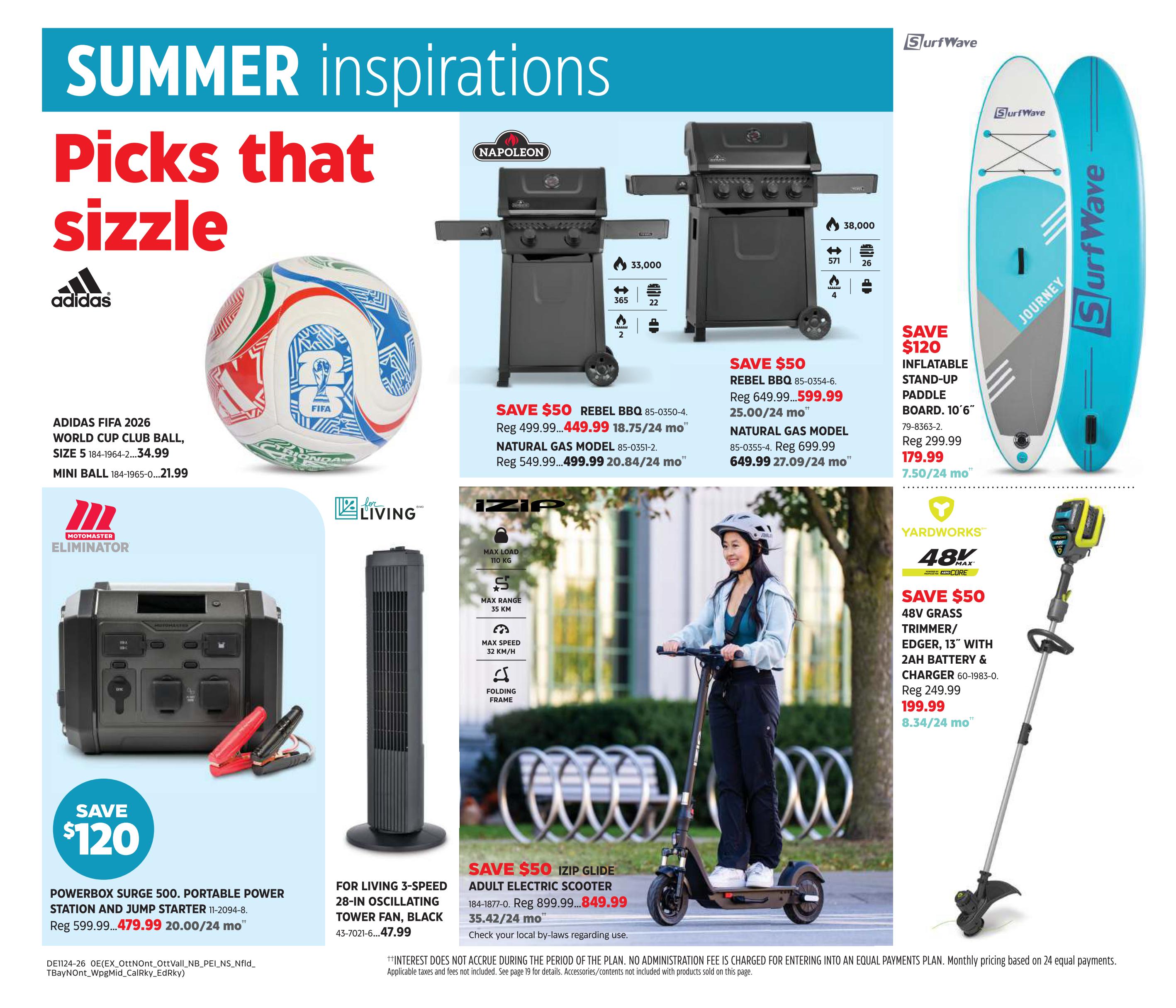 Canadian Tire Summer Inspirations flyer, page 20. Features include the Adidas FIFA 2026 World Cup Club Ball for $34.99 and a Mini Ball for $21.99. Napoleon Rebel BBQs are on sale: Reg $499.99, now $449.99 (18.75/24 mo) for the natural gas model, and Reg $649.99, now $599.99 (25.00/24 mo). Also featured is a SurfWave Inflatable Stand-Up Paddle Board, 10' 6', on sale for $120 off, now $179.99 (7.50/24 mo). A Powerbox Surge 500 Portable Power Station and Jump Starter is $120 off, now $479.99 (20.00/24 mo). For Living 3-Speed Oscillating Tower Fan in black is $47.99. An Izip Glide Adult Electric Scooter is on sale for $50 off, now $849.99 (35.42/24 mo). Yardworks 48V Grass Trimmer/Edger, 13' with 2AH battery & charger, is $50 off, now $199.99 (8.34/24 mo).