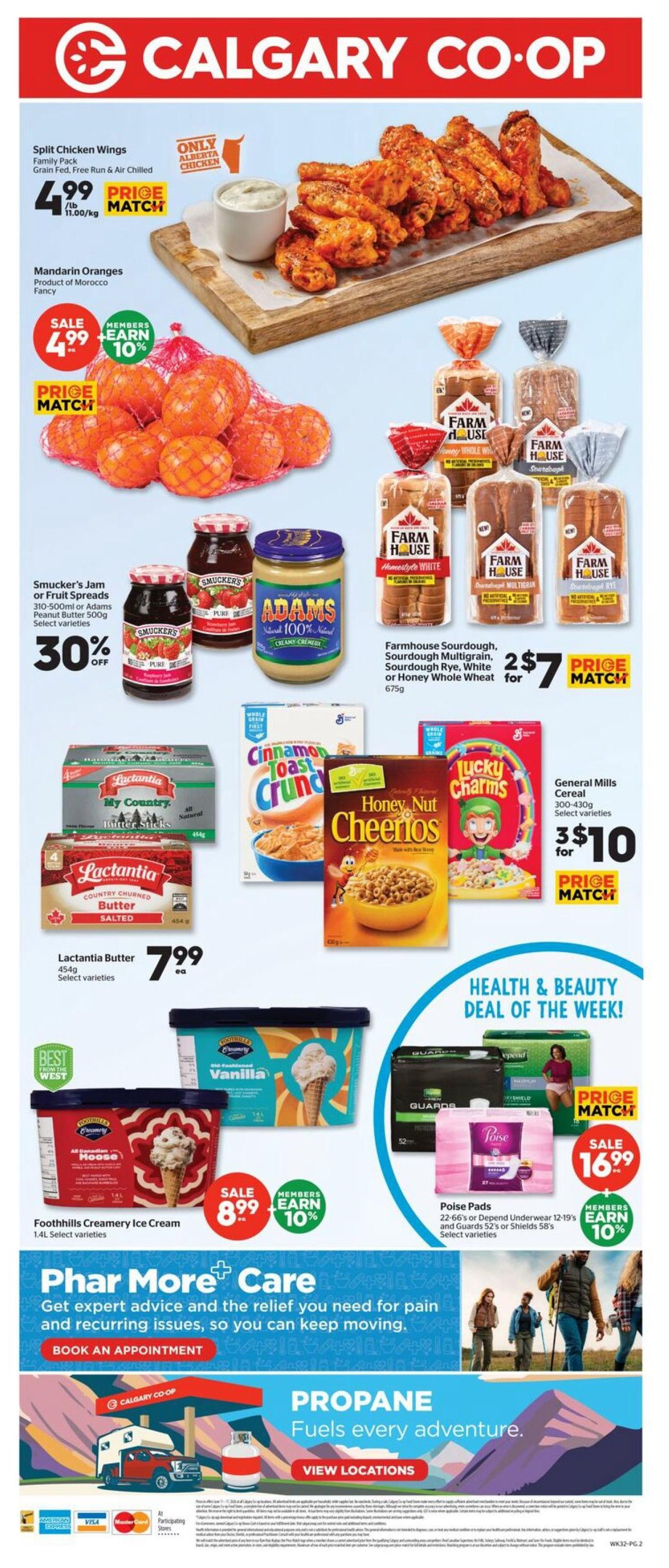 Calgary Co-op weekly flyer specials page 2. Featuring Split Chicken Wings for $4.99 per family pack, with price match. Mandarin Oranges are on sale for $4.99 and members earn 10% back. Smucker's Jam or Fruit Spreads and Adams Peanut Butter are 30% off. Farmhouse Sourdough, Sourdough Multigrain, Sourdough Rye, or Honey Whole Wheat bread is 2 for $7. Lactantia Butter Salted 454g is $7.99 each. General Mills Cereal 300-430g is 3 for $10. Foothills Creamery Ice Cream 1.4L is on sale for $8.99 and members earn 10% back. Health & Beauty Deal of the Week includes Poise Pads (22-66's) or Depend Underwear (12-19's) and Guards 52's or Shields 58's for $16.99, with members earning 10% back. Also features a section for Phar More Care and Propane fuel locations.